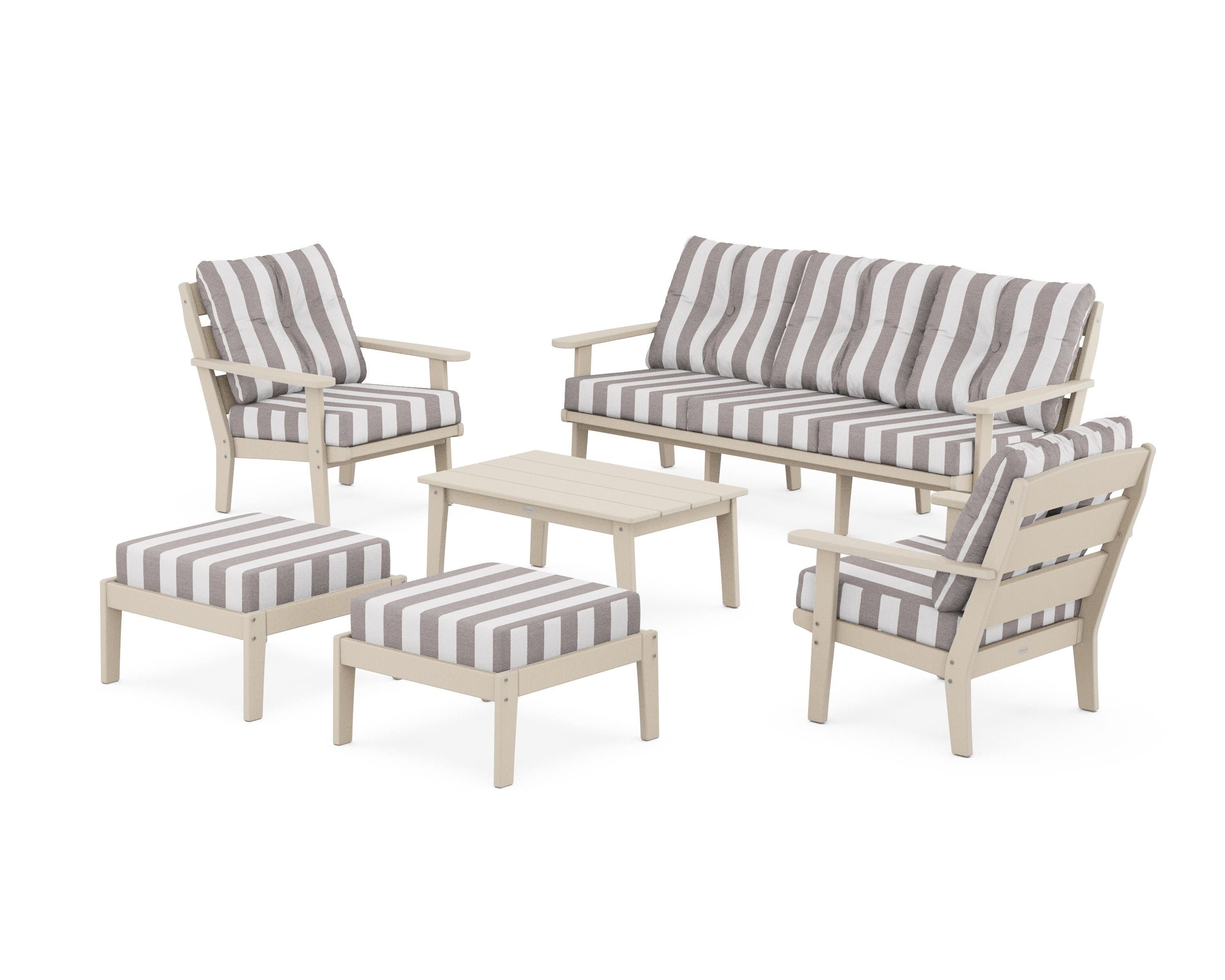 POLYWOOD® Lakeside 6-Piece Lounge Sofa Set in Sand / Cabana Stripe Grey Mist