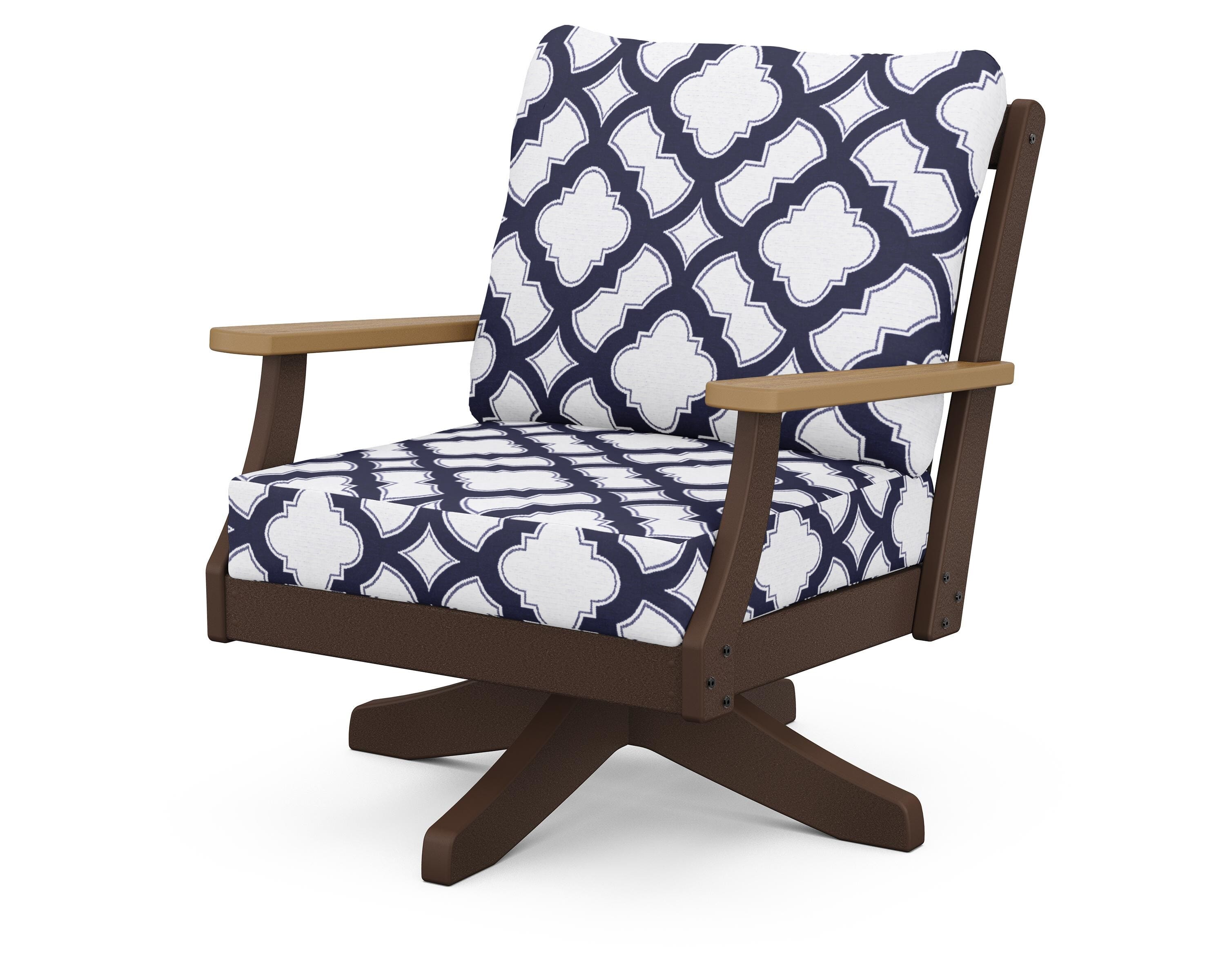 POLYWOOD® Braxton Deep Seating Swivel Chair in Mahogany / Natural / Trellis Navy