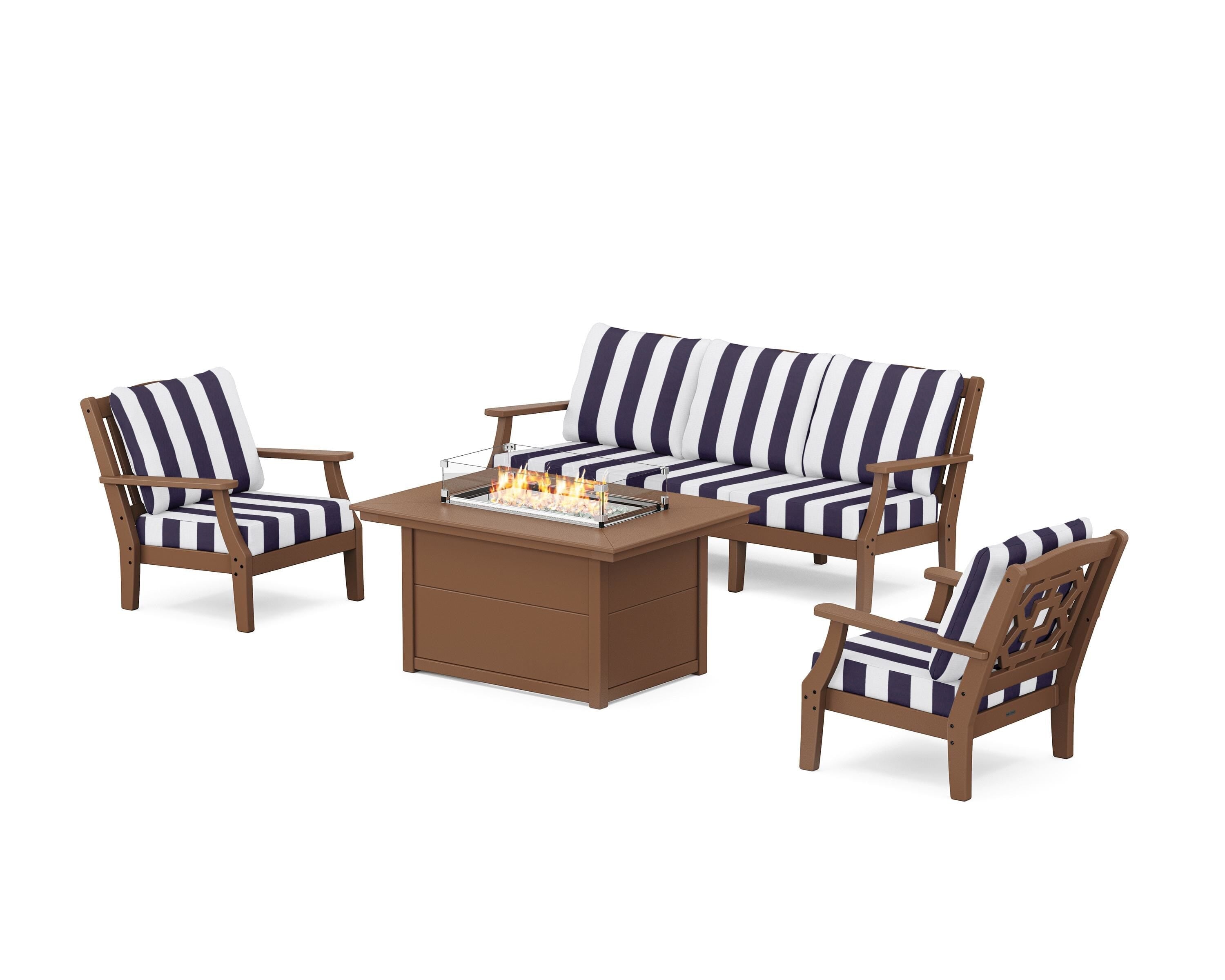 Martha Stewart by POLYWOOD® Chinoiserie Deep Seating Fire Pit Table Set in Teak / Cabana Stripe Navy