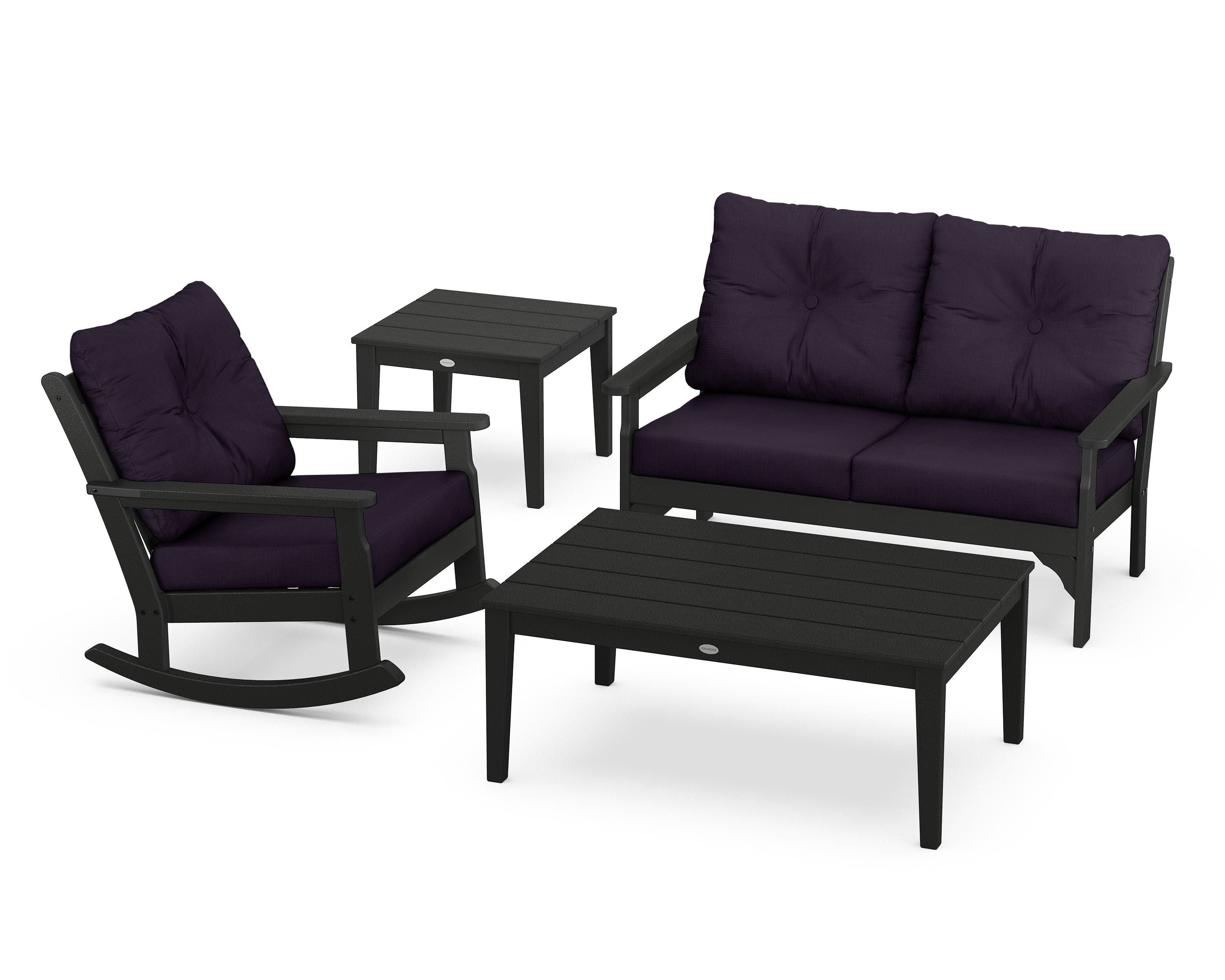 POLYWOOD® Vineyard 4-Piece Deep Seating Rocker Set in Black / Navy Linen