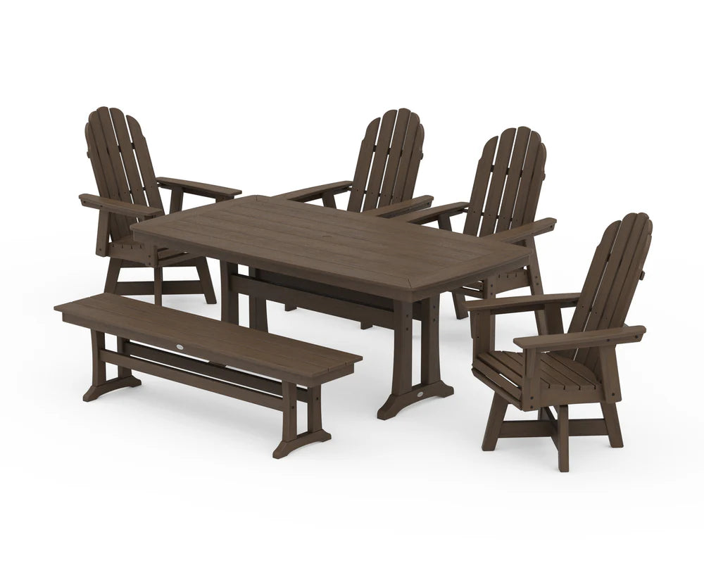 Vineyard Curveback Adirondack Swivel Chair 6-Piece Dining Set with Trestle Legs and Bench