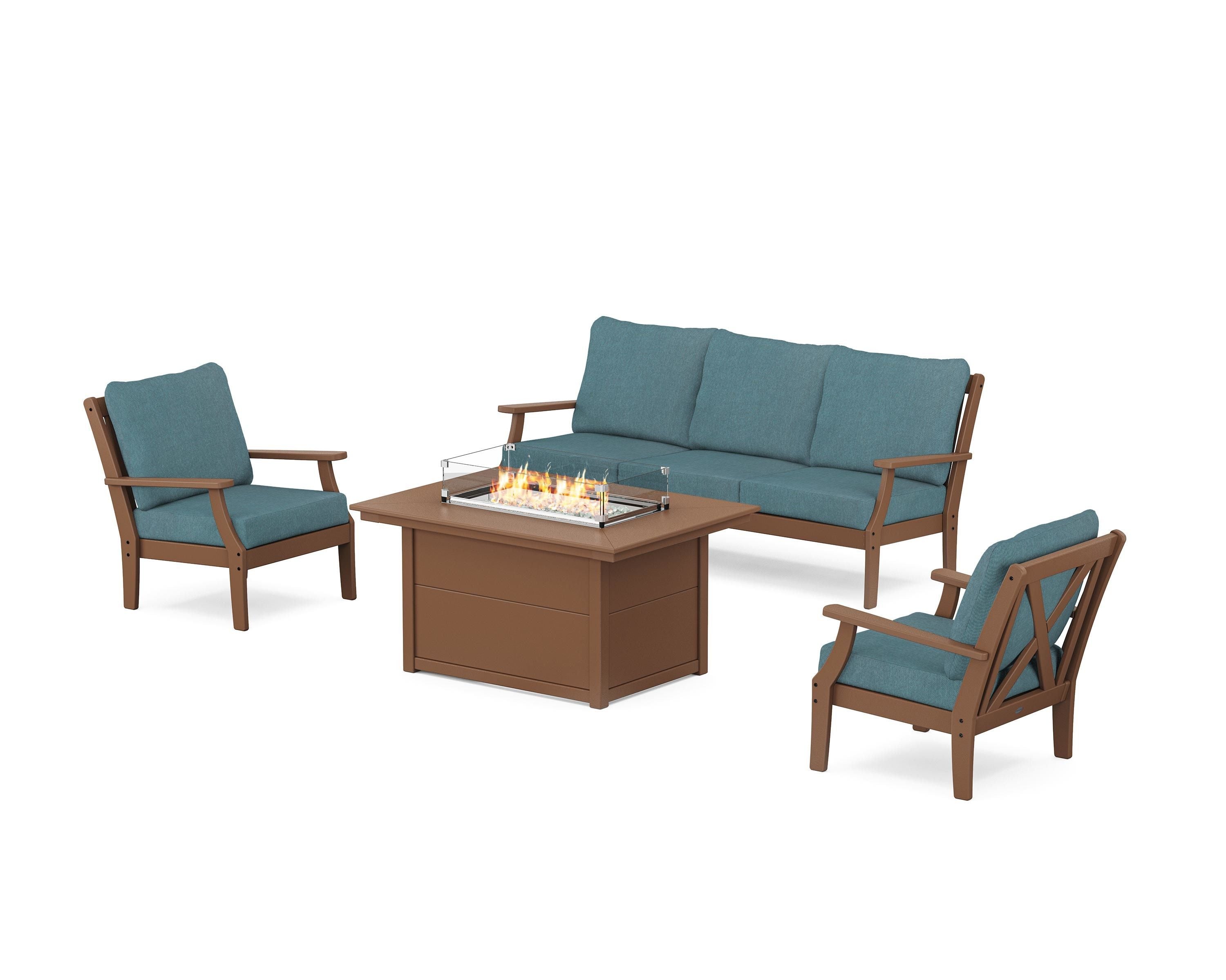 POLYWOOD® Braxton Deep Seating Fire Pit Table Set in Teak / Ocean Teal