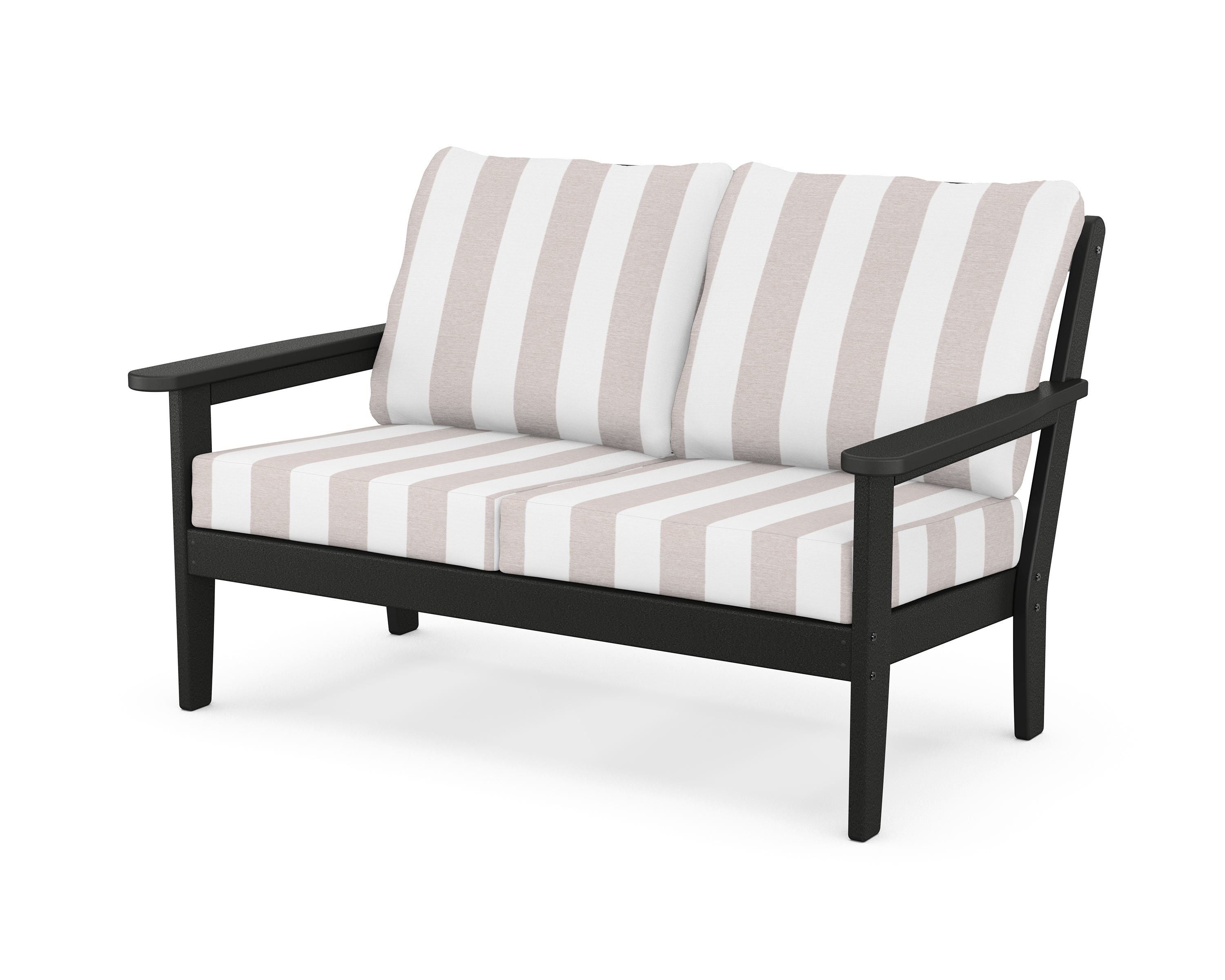 Country Living Cottage Deep Seating Loveseat in Black / Cabana Stripe Dune Burlap