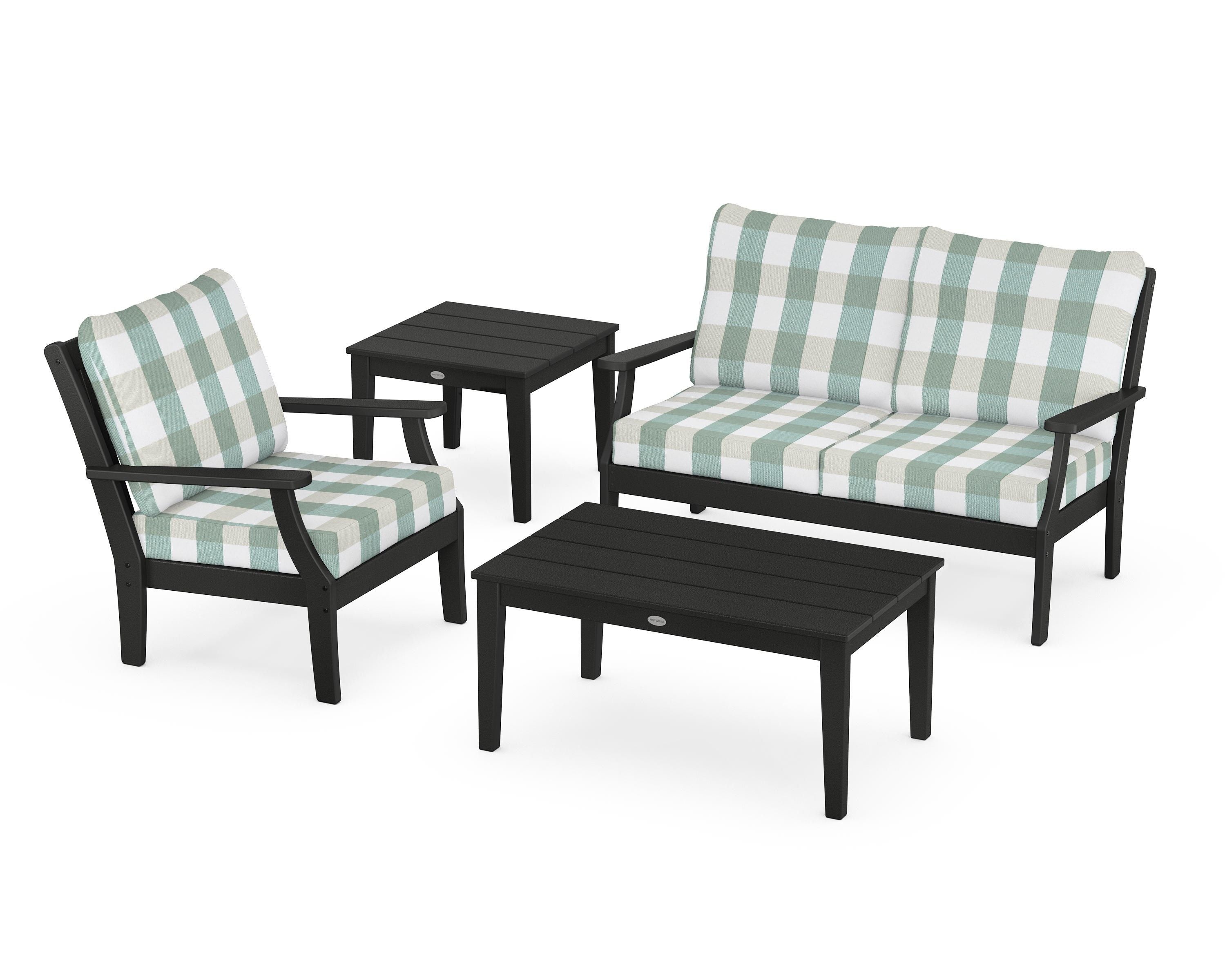 POLYWOOD® Braxton 4-Piece Deep Seating Set in Black / Buffalo Plaid Glacier Spa