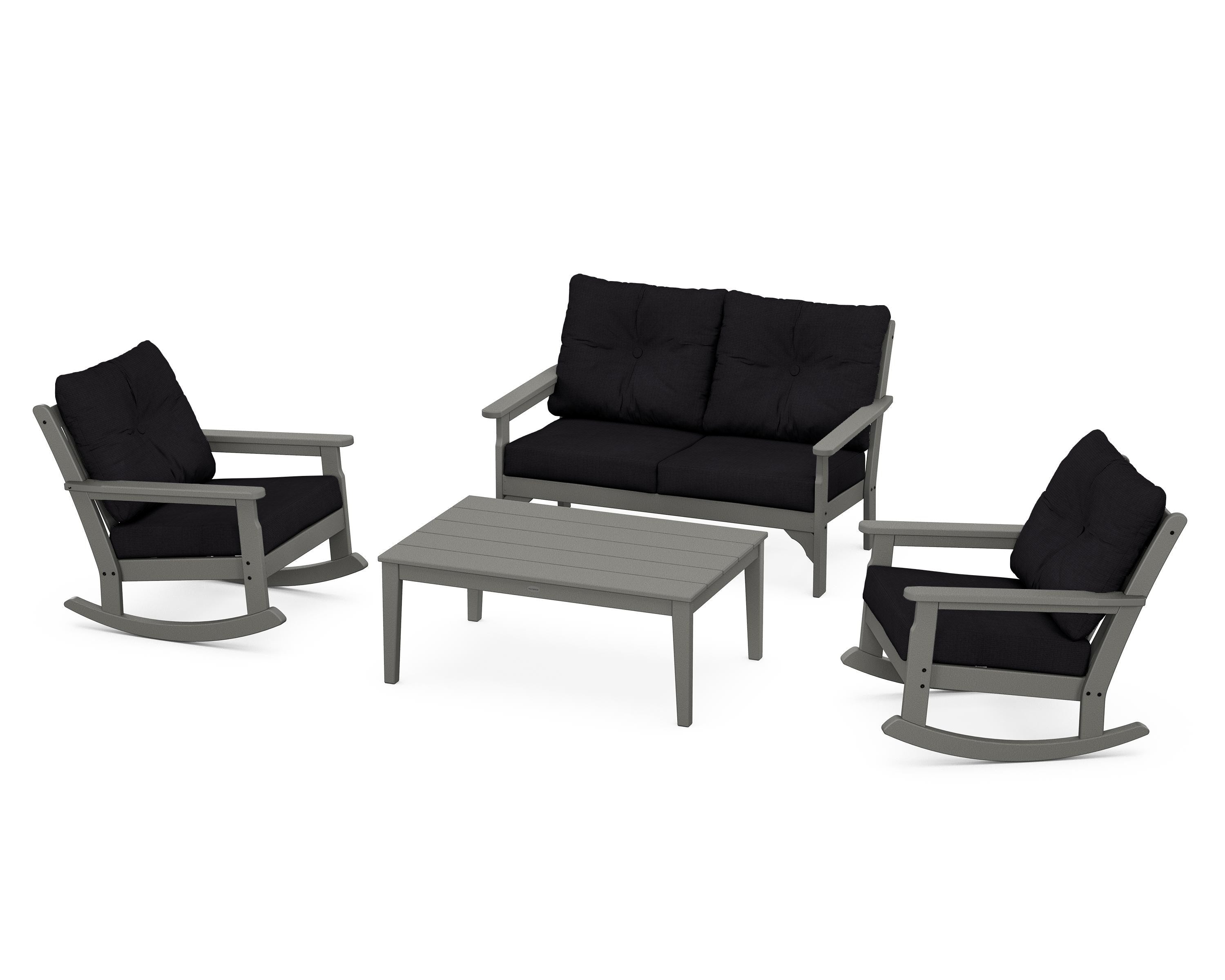 POLYWOOD® Vineyard 4-Piece Deep Seating Rocking Chair Set in Slate Grey / Midnight Linen