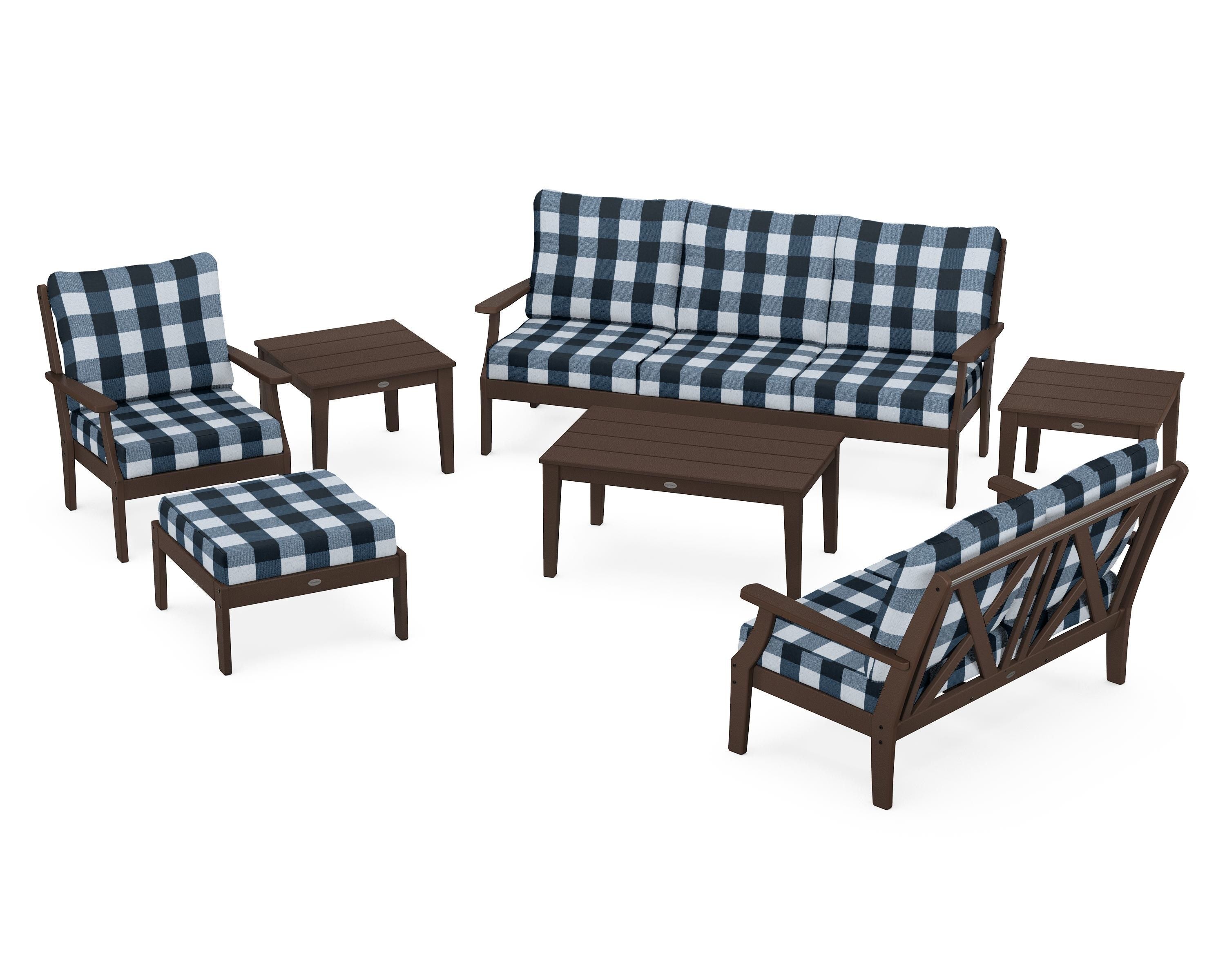 POLYWOOD® Braxton 7-Piece Deep Seating Set in Mahogany / Buffalo Plaid Marine Indigo