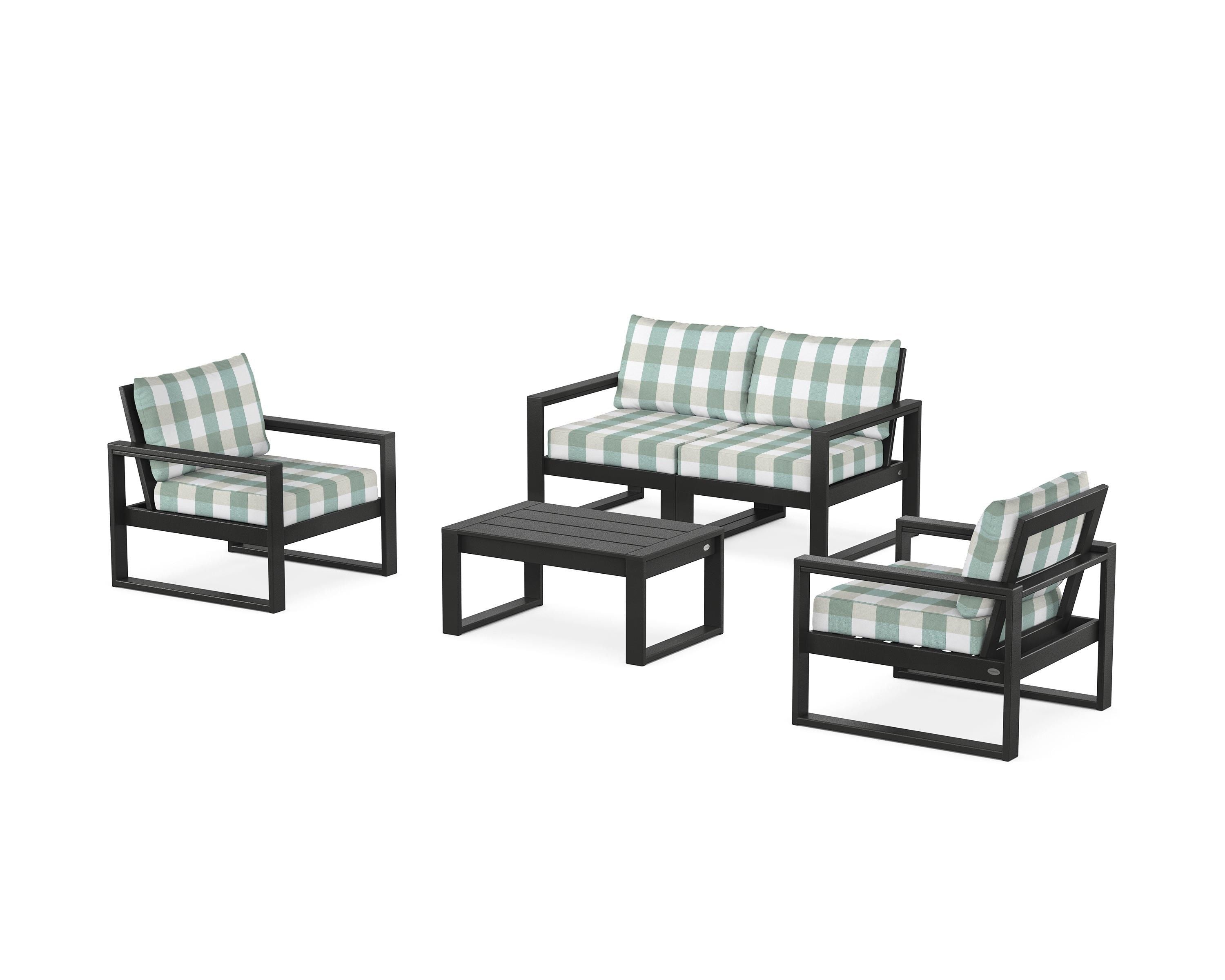 POLYWOOD® EDGE Sectional 4-Piece Deep Seating Set with Loveseat in Black / Buffalo Plaid Glacier Spa