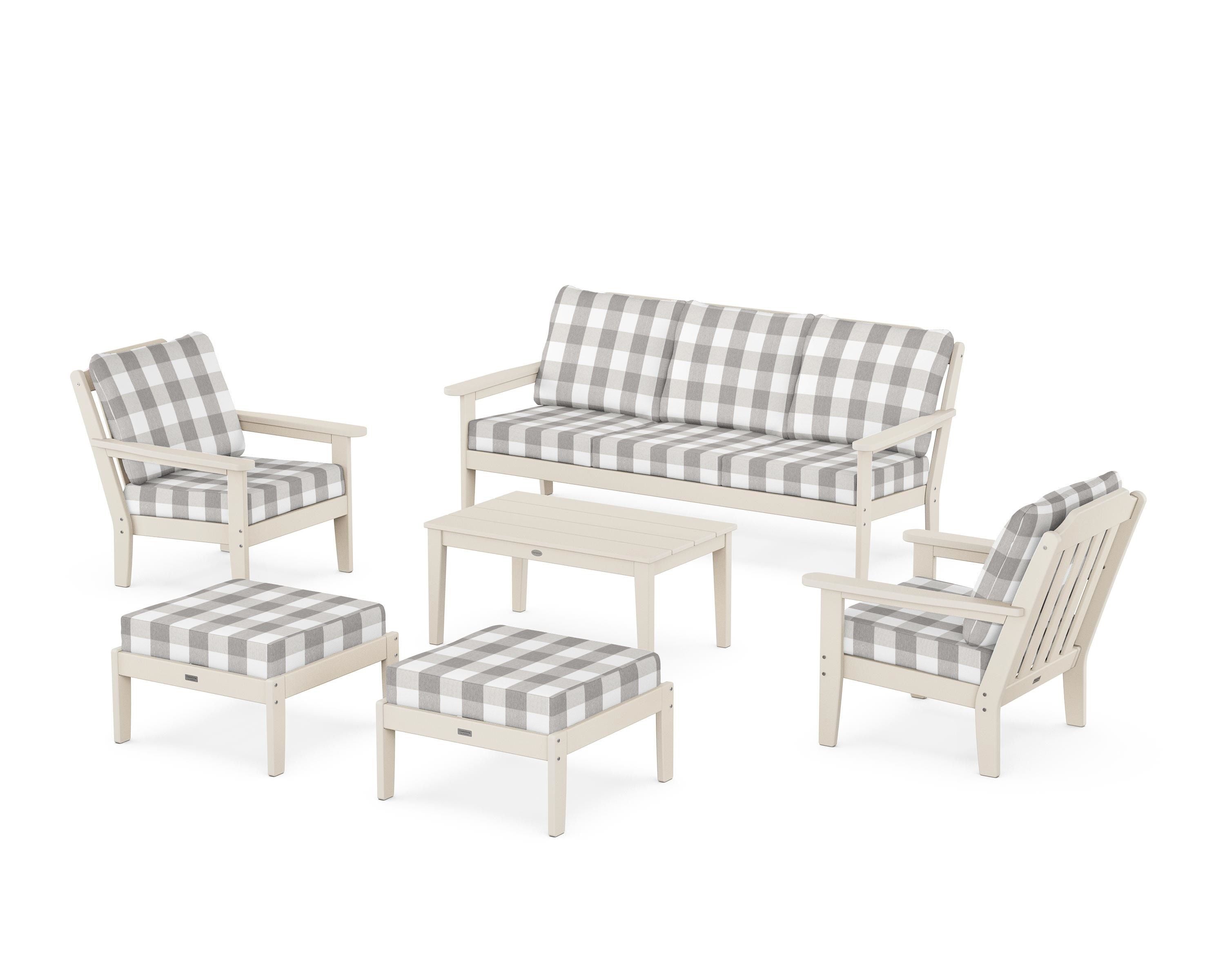 Country Living Cottage 6-Piece Lounge Sofa Set in Sand / Buffalo Plaid Grey Mist