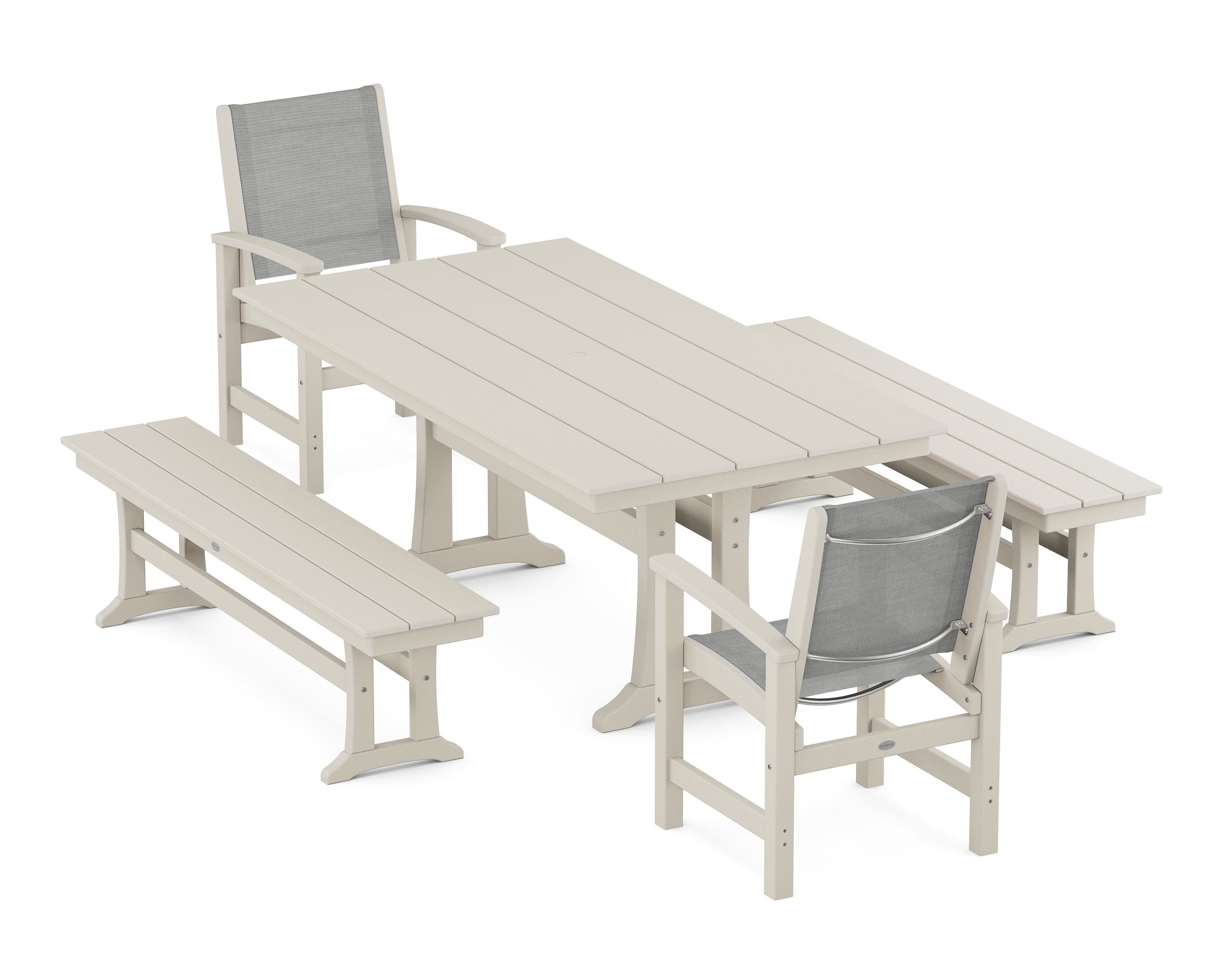 POLYWOOD® Coastal 5-Piece Farmhouse Dining Set with Trestle Legs and Benches in Sand / Metallic Sling