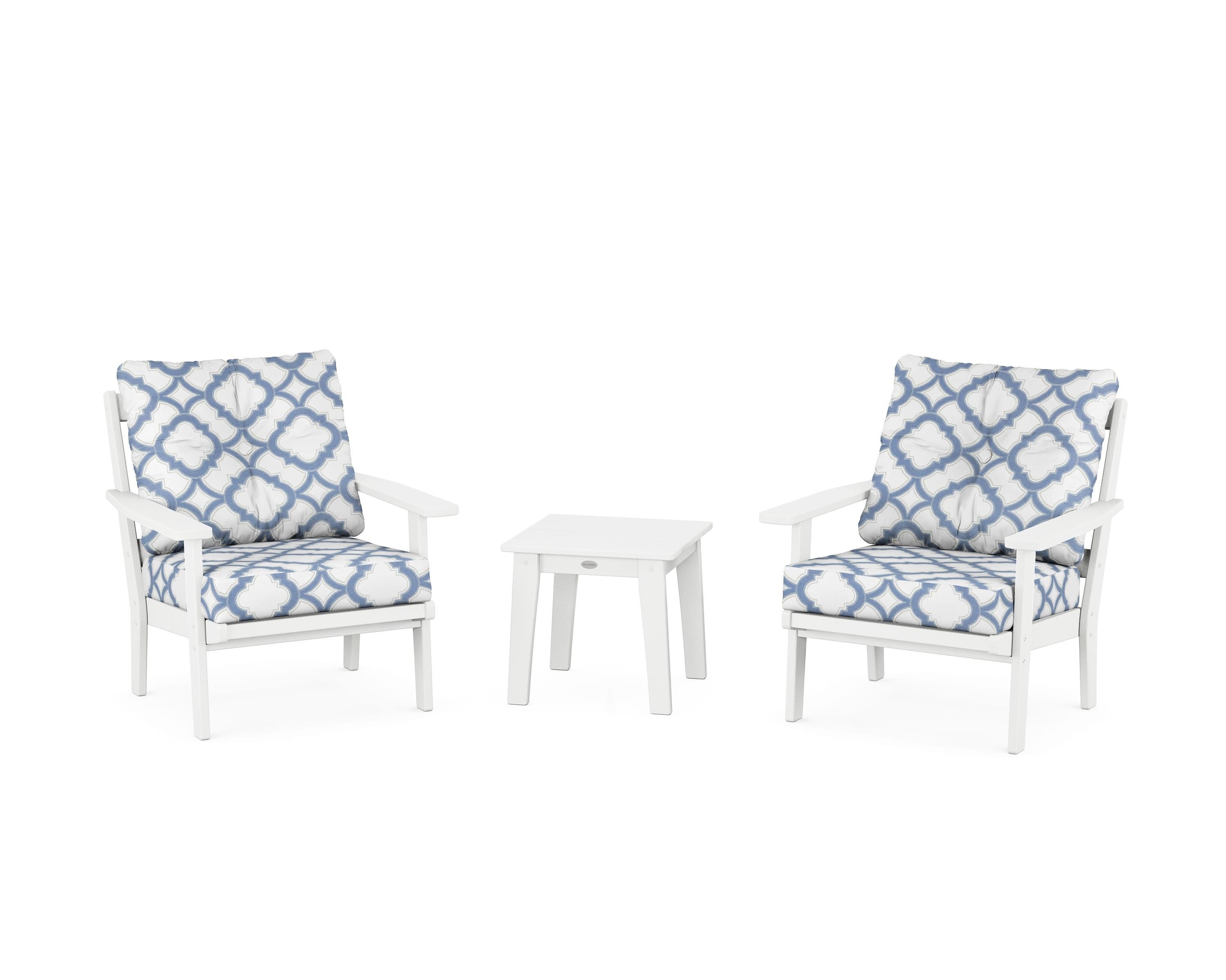 POLYWOOD® Oxford 3-Piece Deep Seating Set in White / Trellis Sky Blue