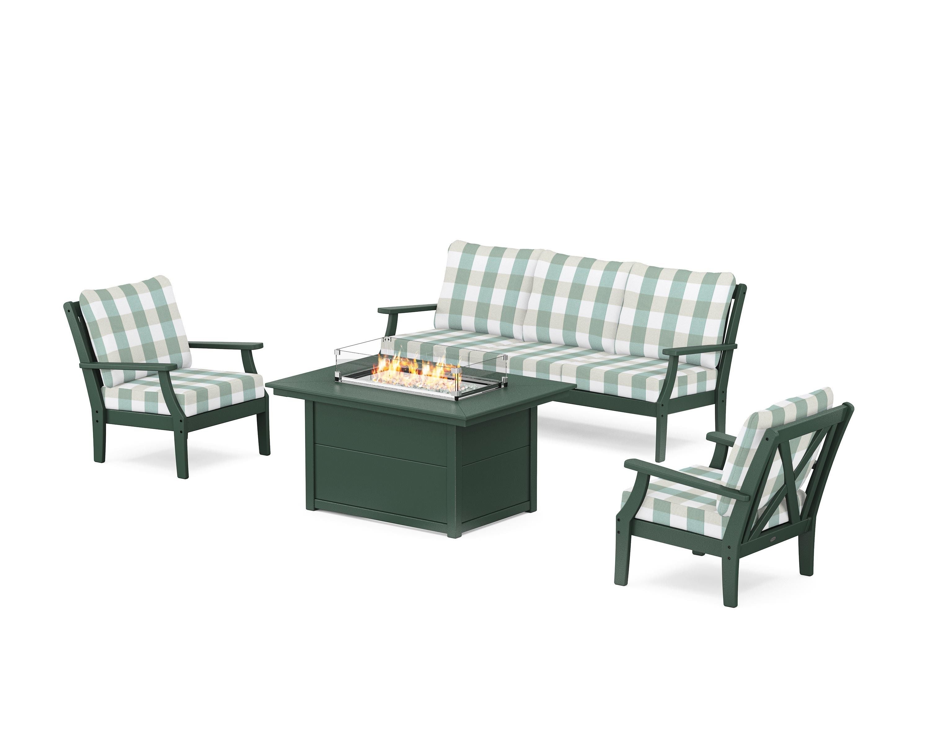 POLYWOOD® Braxton Deep Seating Fire Pit Table Set in Green / Buffalo Plaid Glacier Spa