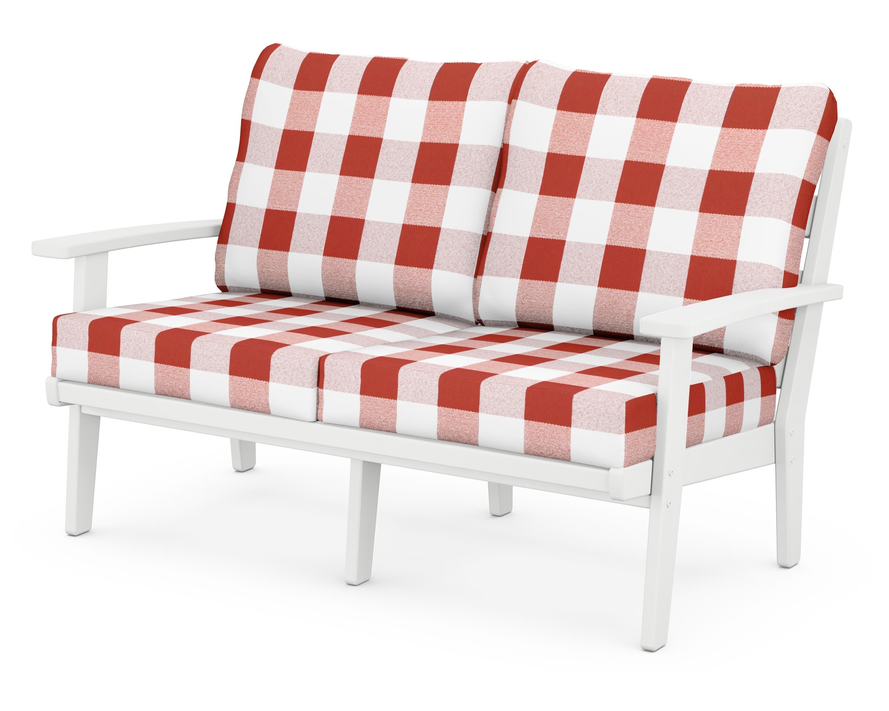 POLYWOOD® Grant Park Deep Seating Loveseat in White / Buffalo Plaid Crimson