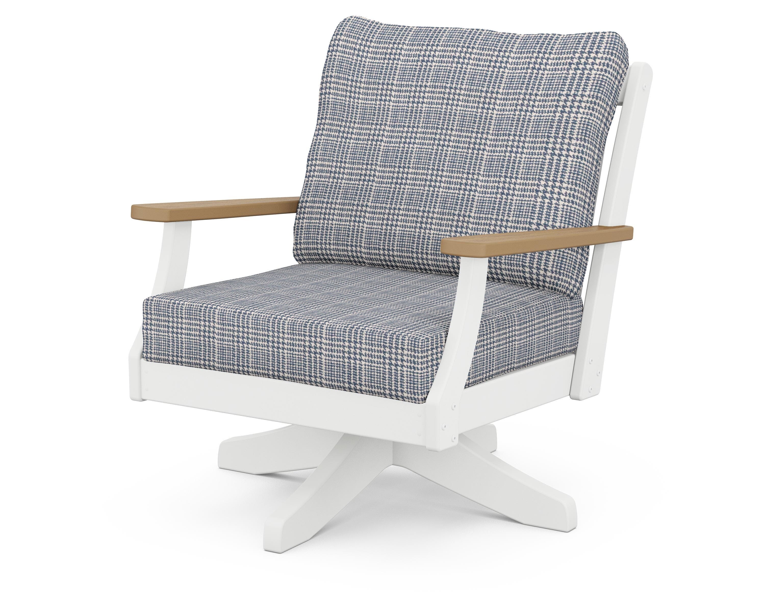 POLYWOOD® Braxton Deep Seating Swivel Chair in White / Natural / Houndstooth Sky Blue