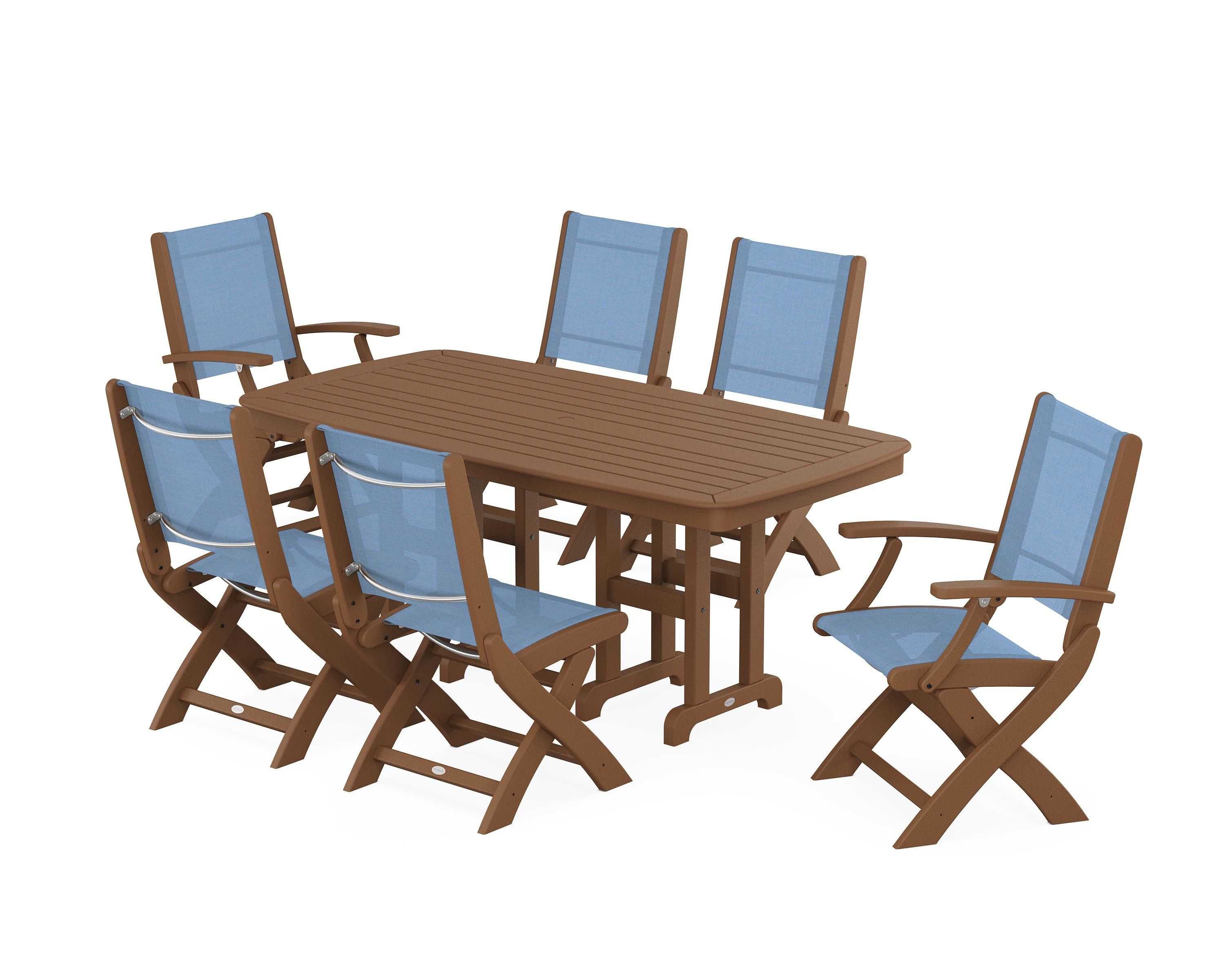 POLYWOOD® Coastal Folding Chair 7-Piece Dining Set in Teak / Poolside Sling