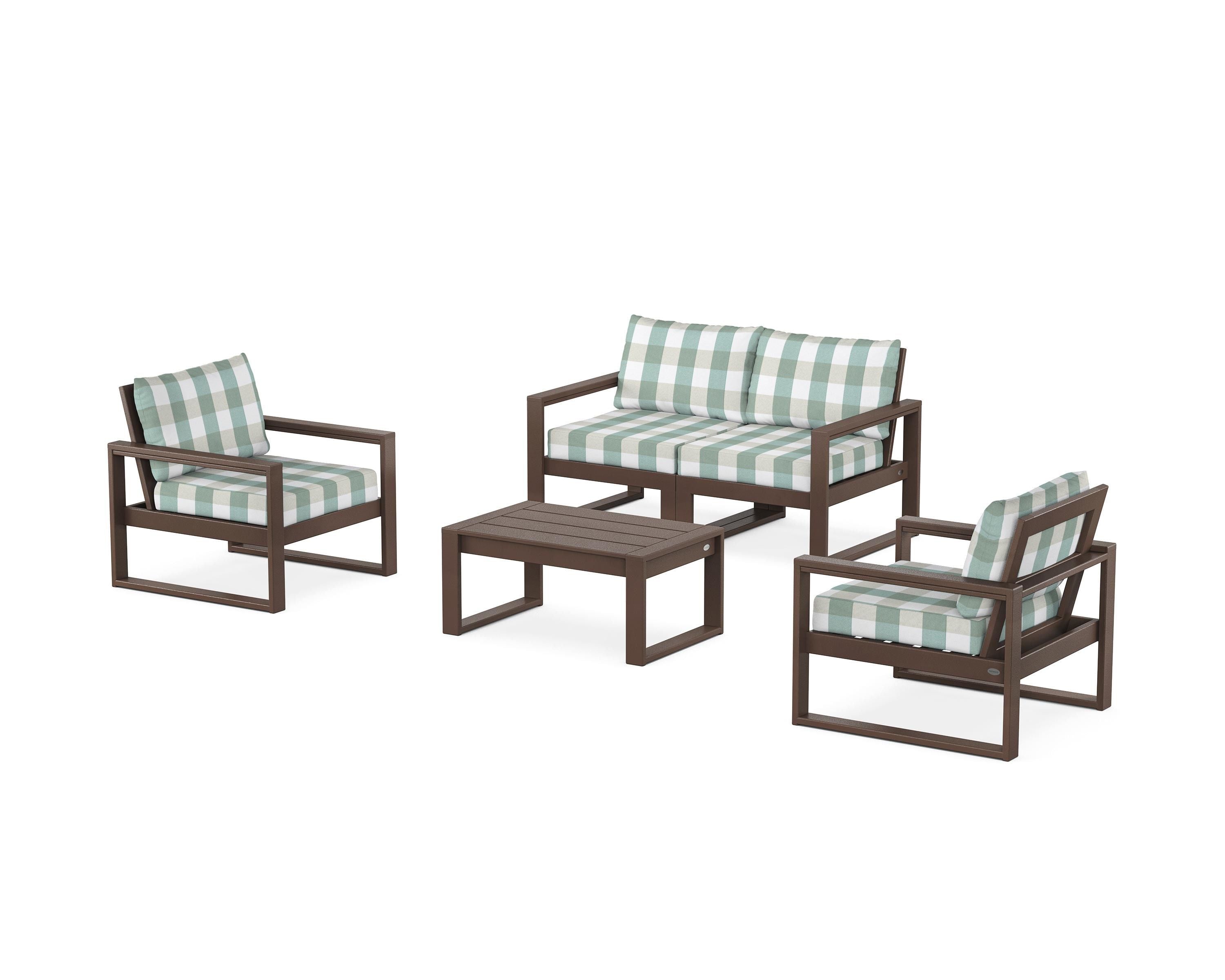 POLYWOOD® EDGE Sectional 4-Piece Deep Seating Set with Loveseat in Mahogany / Buffalo Plaid Glacier Spa