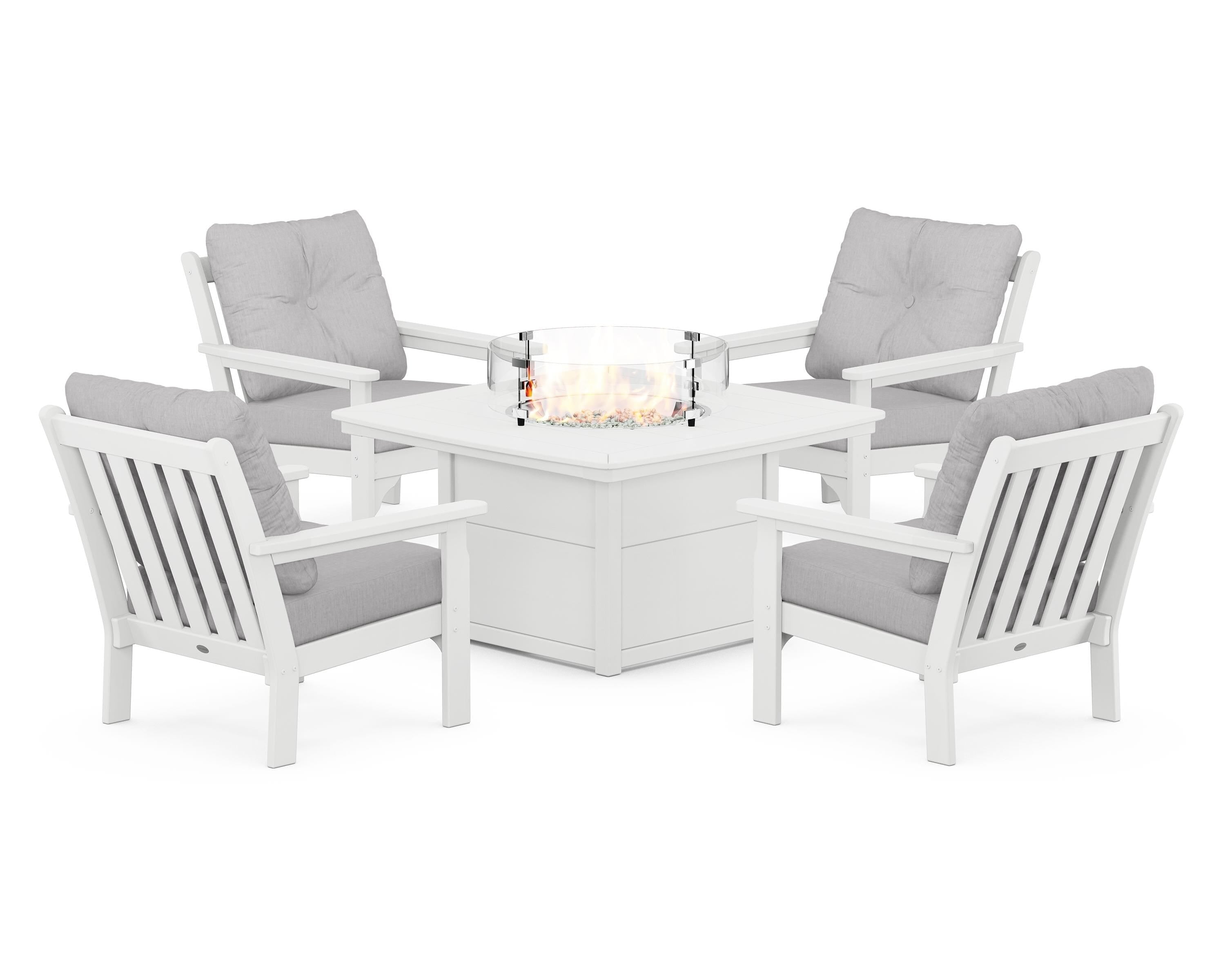 POLYWOOD® Vineyard 5-Piece Conversation Set with Fire Pit Table in White / Granite