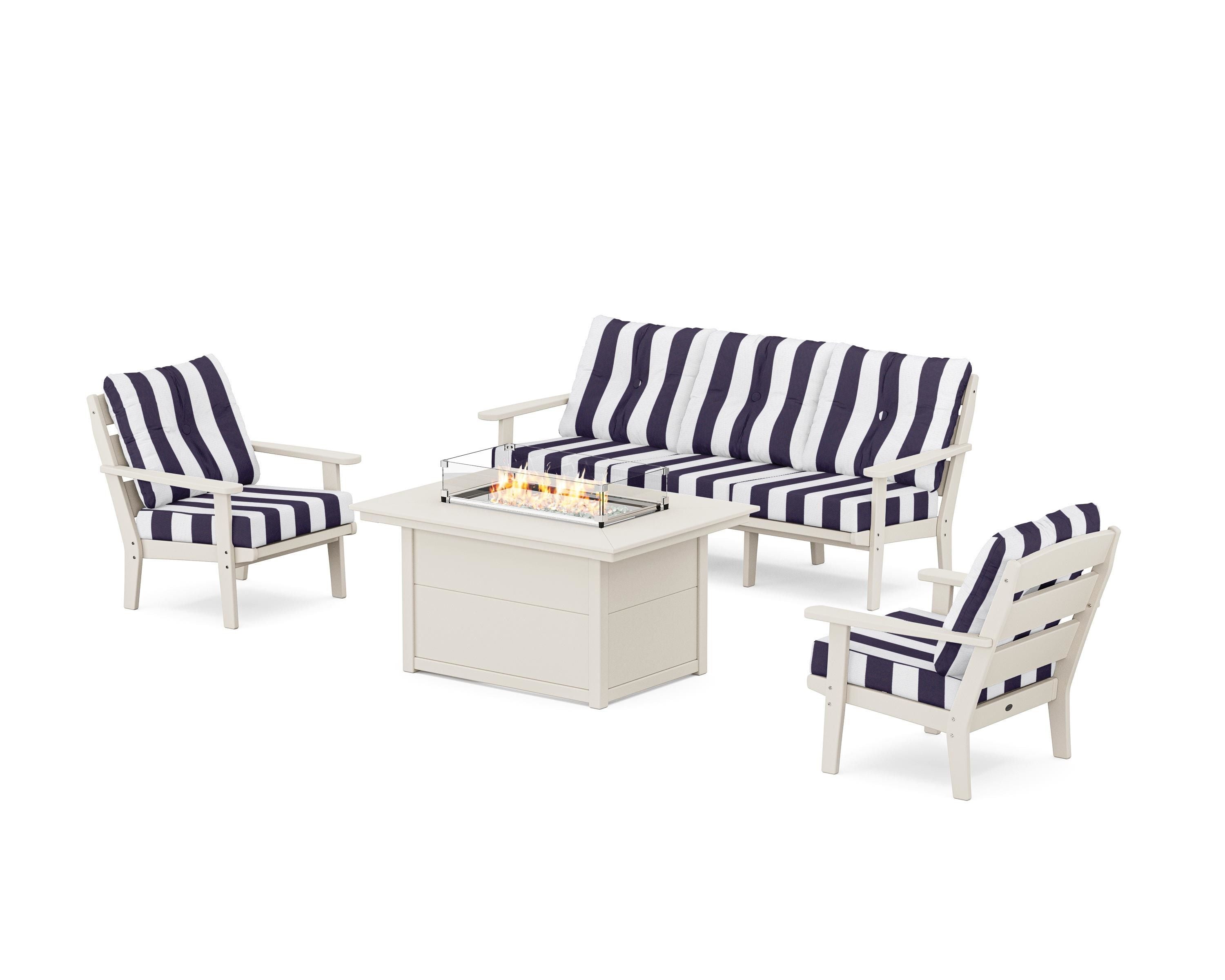 POLYWOOD® Lakeside Deep Seating Fire Pit Table Set in Sand / Cabana Stripe Navy