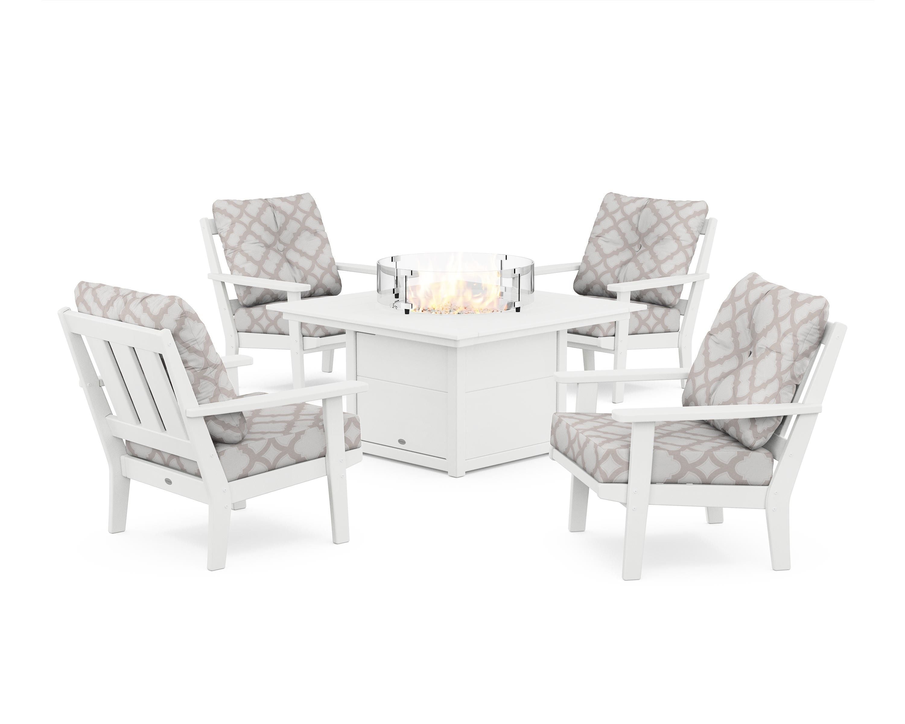POLYWOOD® Oxford 5-Piece Deep Seating Set with Fire Pit Table in White / Trellis Dune Burlap