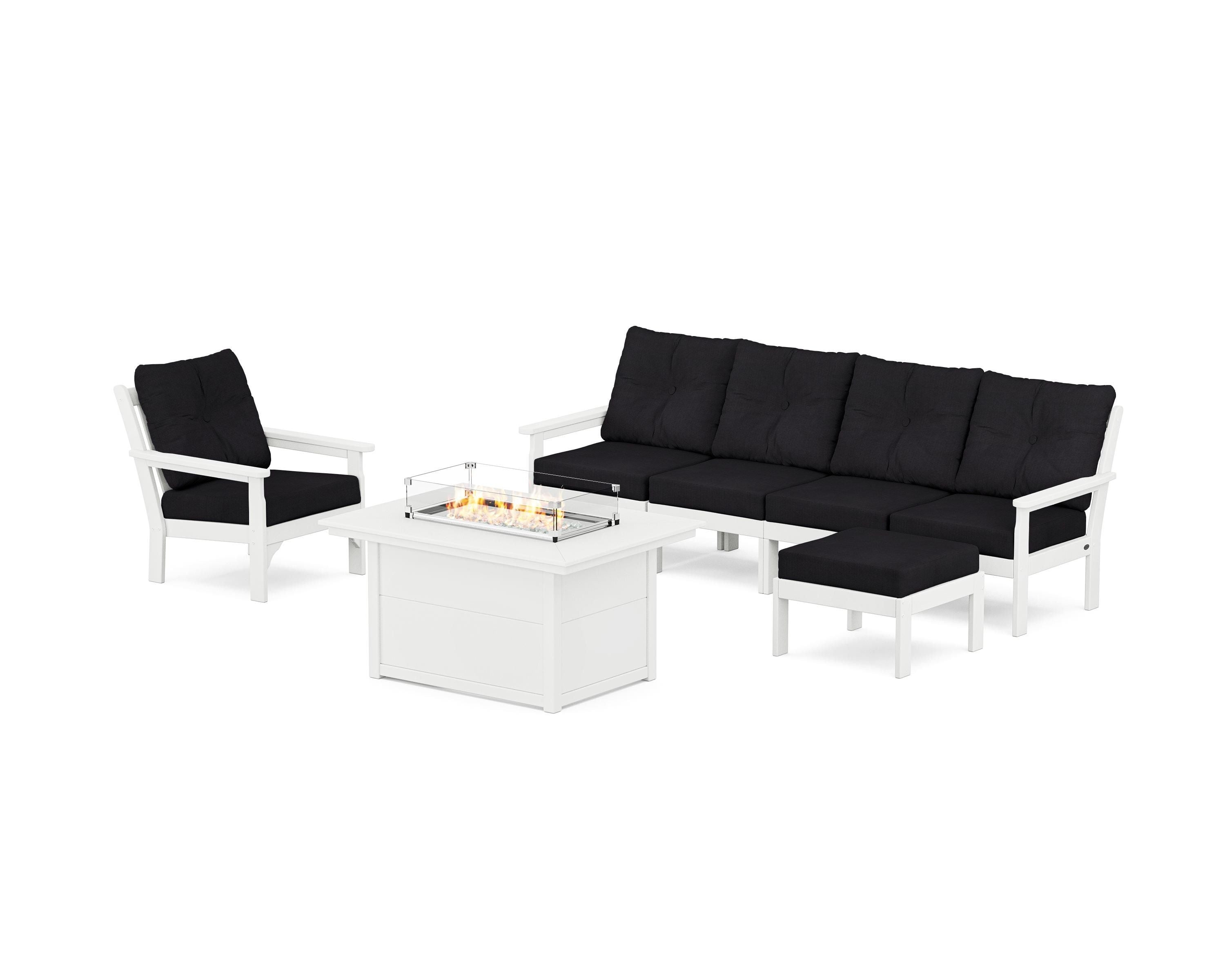 POLYWOOD® Vineyard Sectional Lounge and Fire Pit Set in White / Midnight Linen