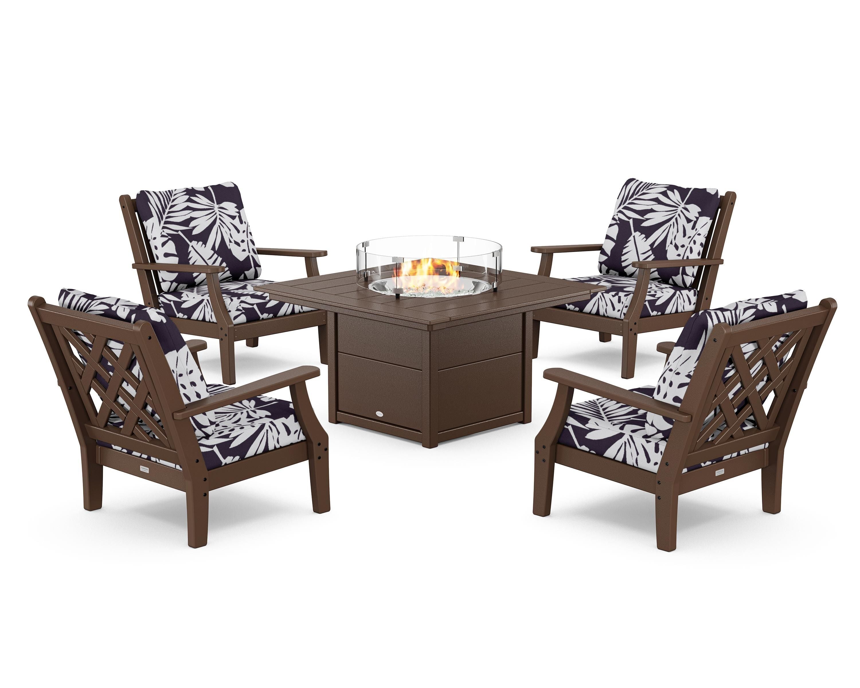 Country Living Wovendale 5-Piece Deep Seating Set with Fire Pit Table in Mahogany / Leaf Navy