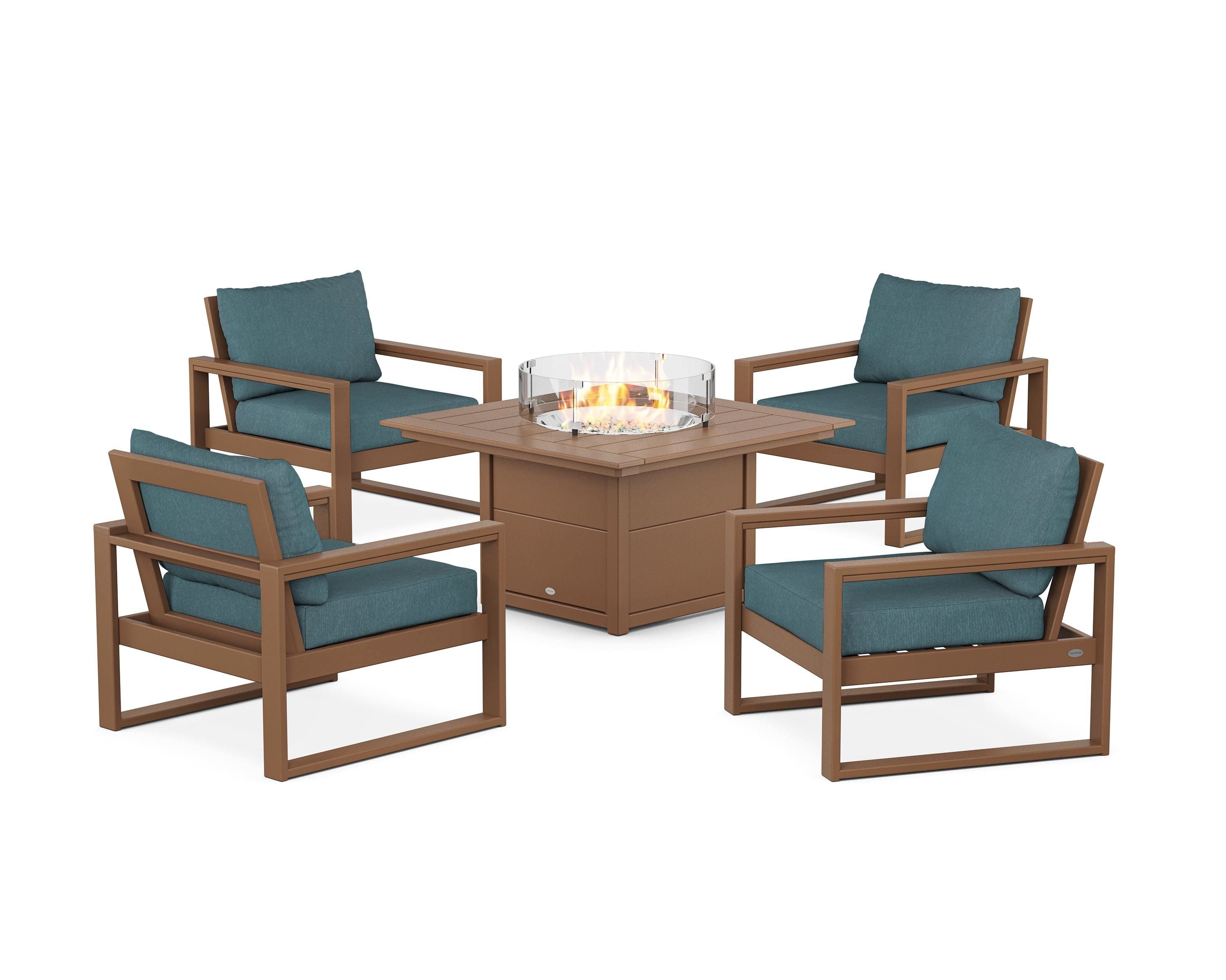 POLYWOOD® EDGE Sectional 5-Piece Deep Seating Set with Fire Pit Table in Teak / Ocean Teal