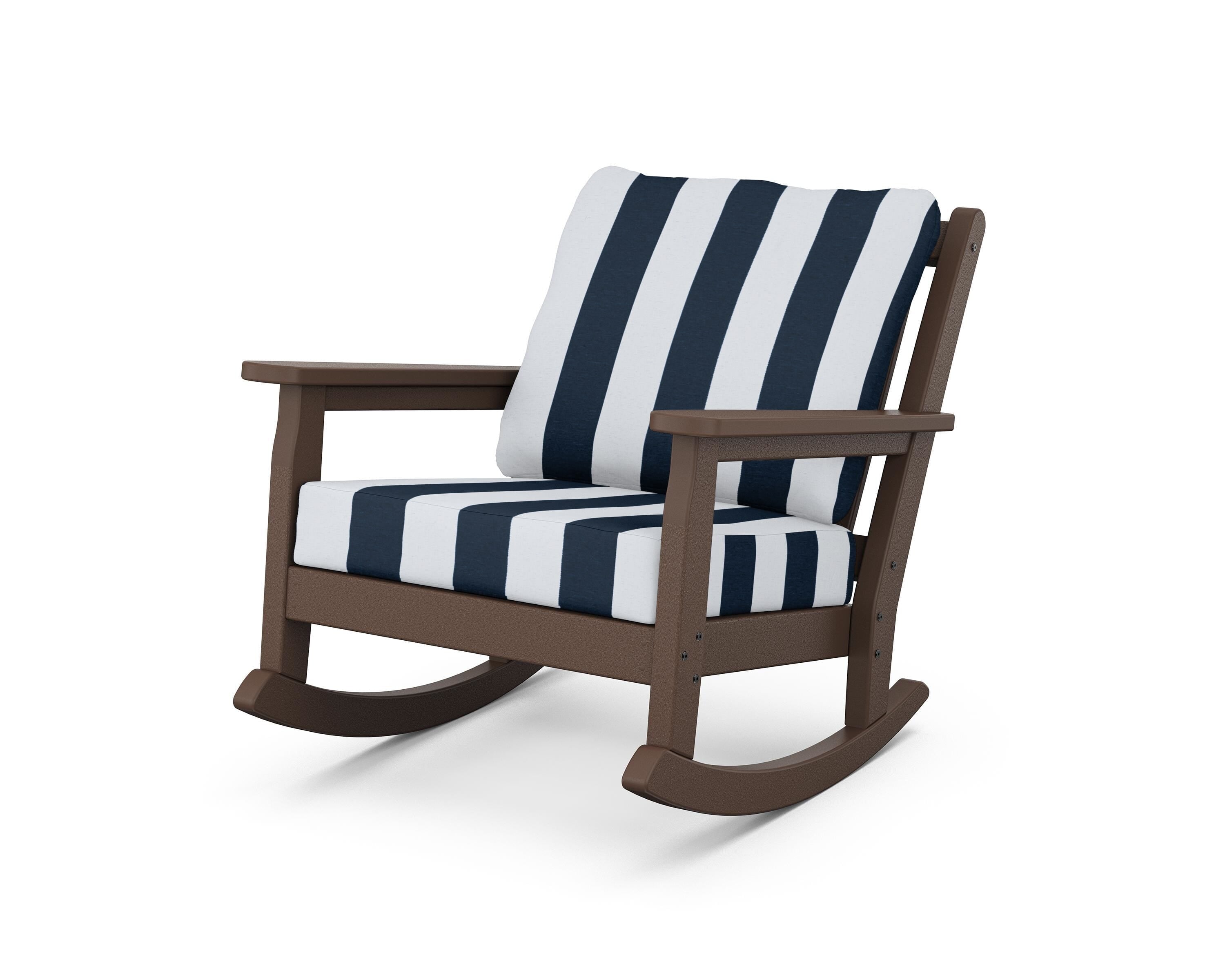 POLYWOOD® Chippendale Deep Seating Rocking Chair in Mahogany / Cabana Stripe Marine Indigo