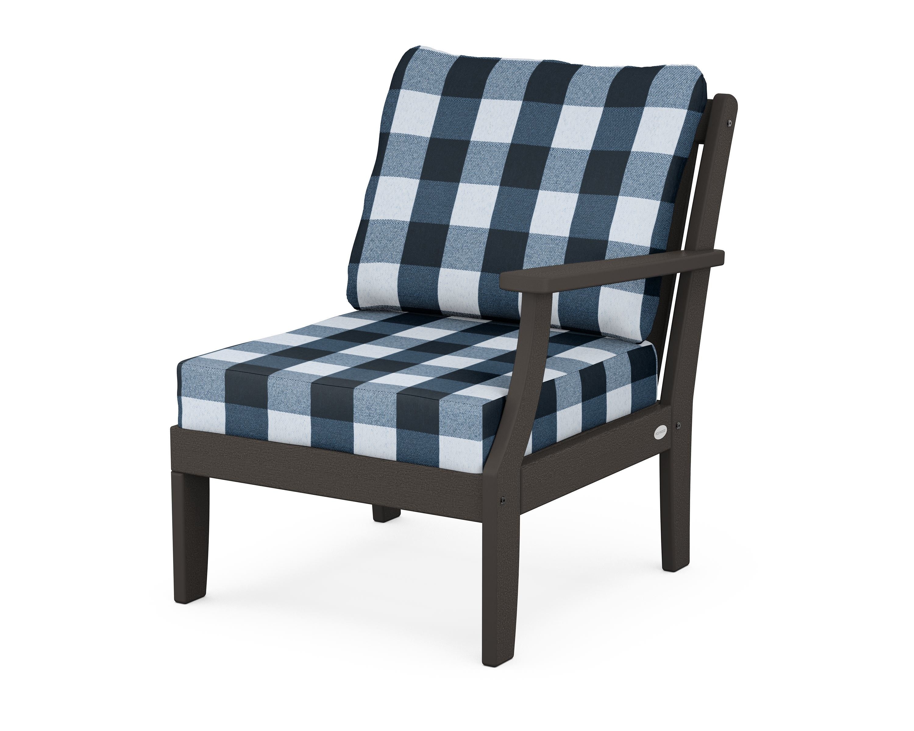POLYWOOD® Braxton Modular Right Arm Chair in Vintage Coffee / Buffalo Plaid Marine Indigo
