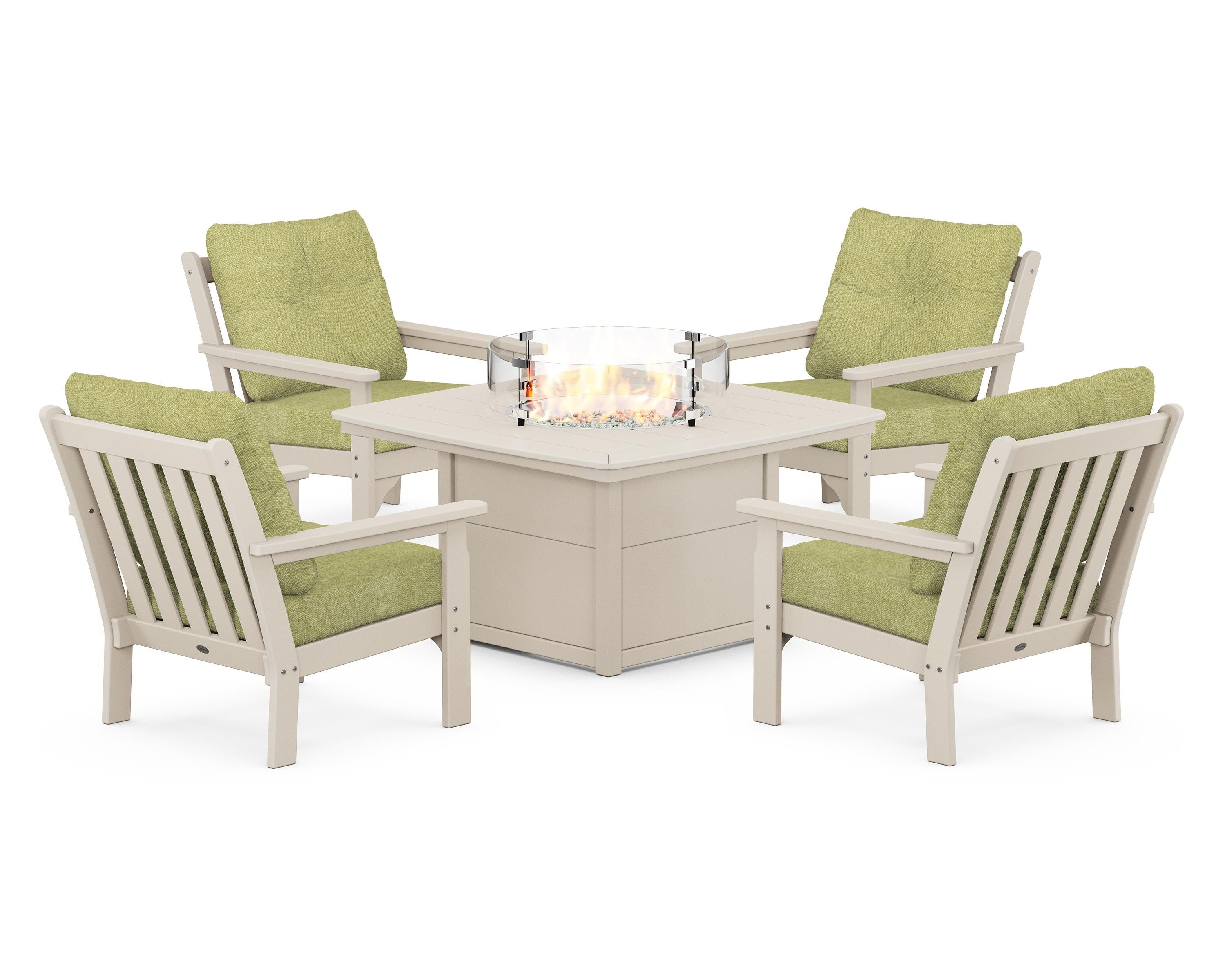 POLYWOOD® Vineyard 5-Piece Conversation Set with Fire Pit Table in Sand / Chartreuse Boucle