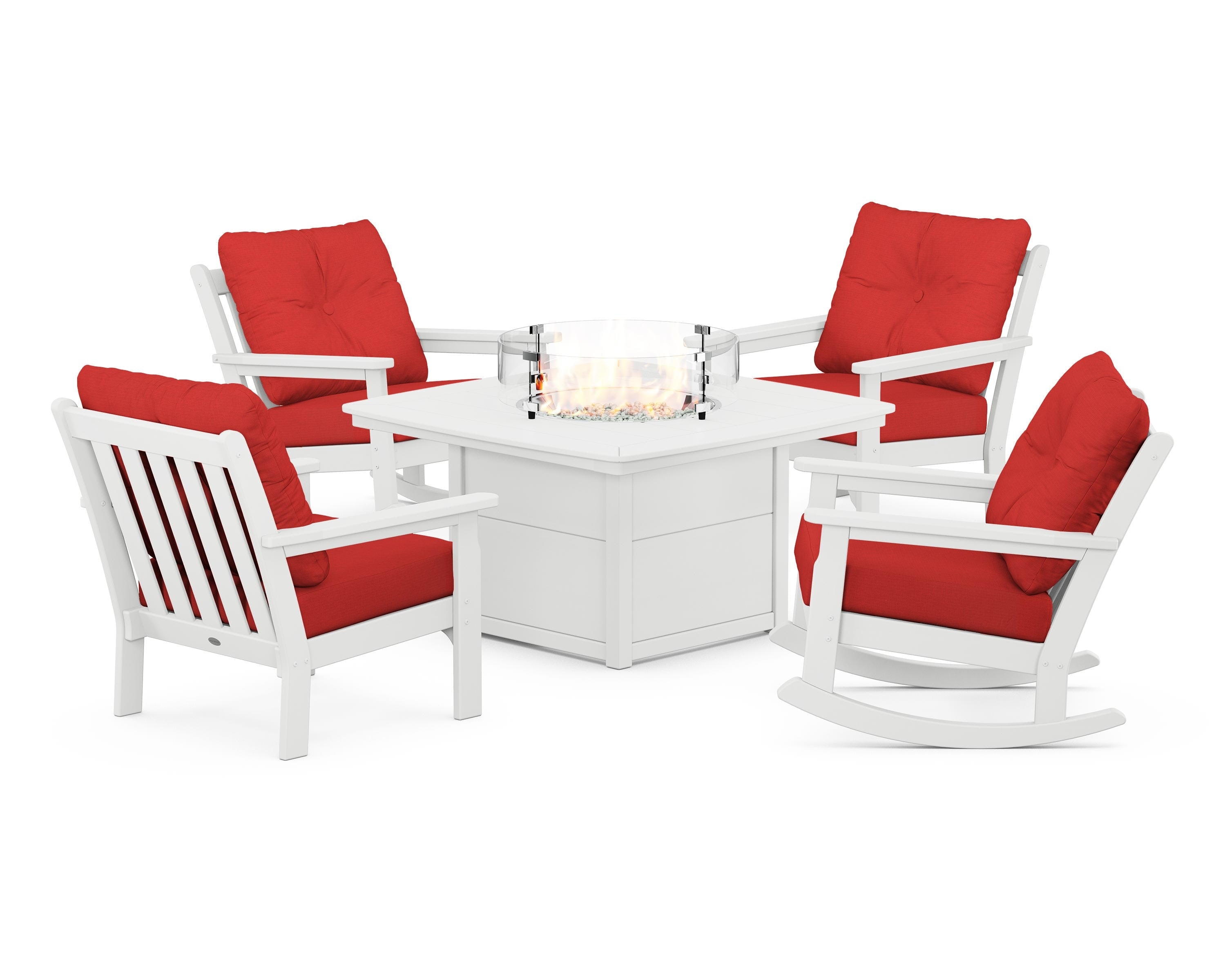 POLYWOOD® Vineyard 5-Piece Deep Seating Rocking Chair Conversation Set with Fire Pit Table in White / Crimson Linen