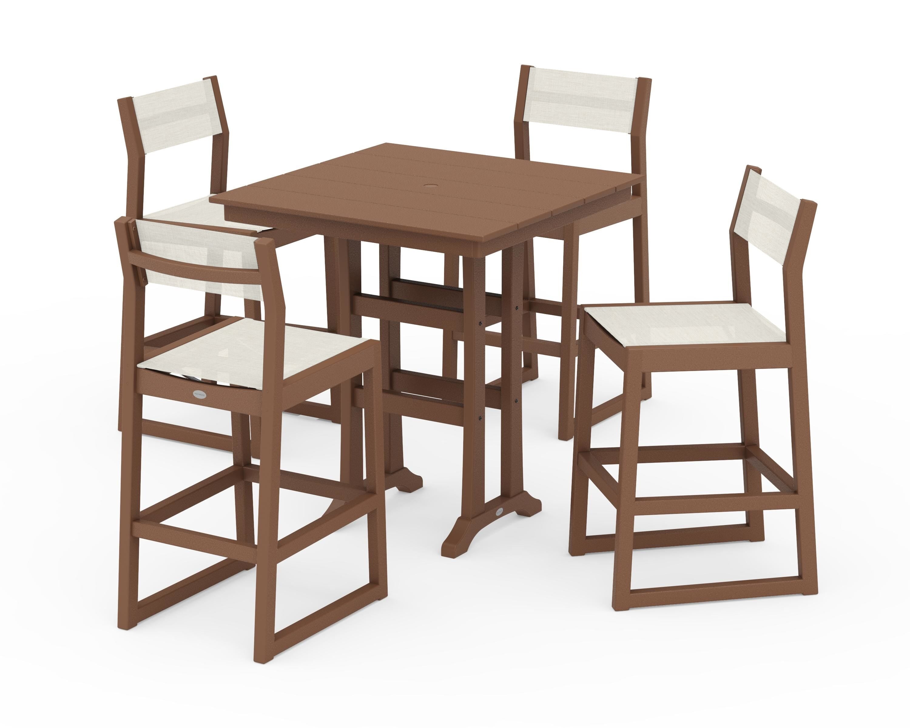 POLYWOOD® EDGE Sling Arm Chair 5-Piece Farmhouse Bar Set with Trestle Legs in Teak / Parchment Sling