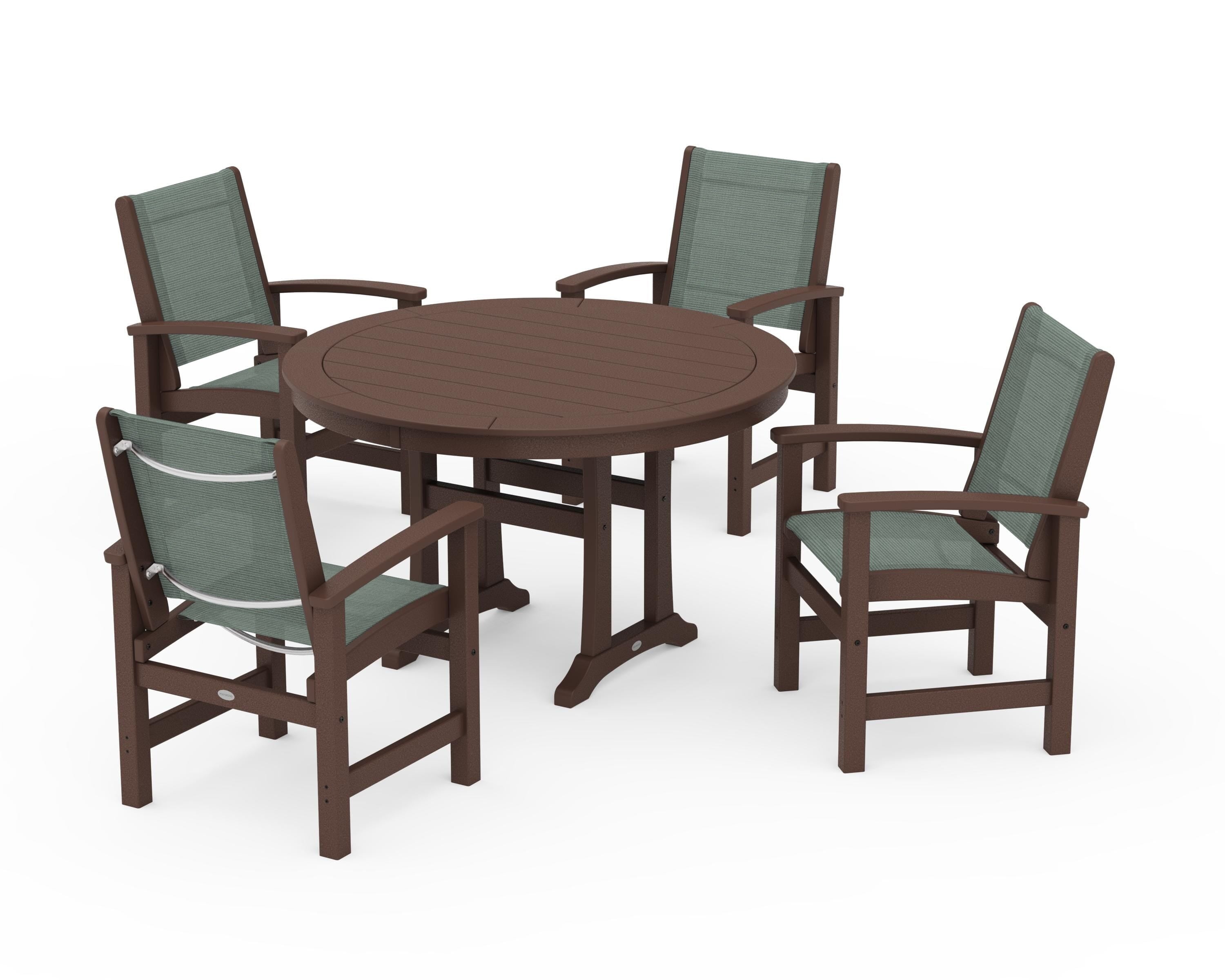 POLYWOOD® Coastal 5-Piece Round Dining Set with Trestle Legs in Mahogany / Dupioni Sea Mist Sling