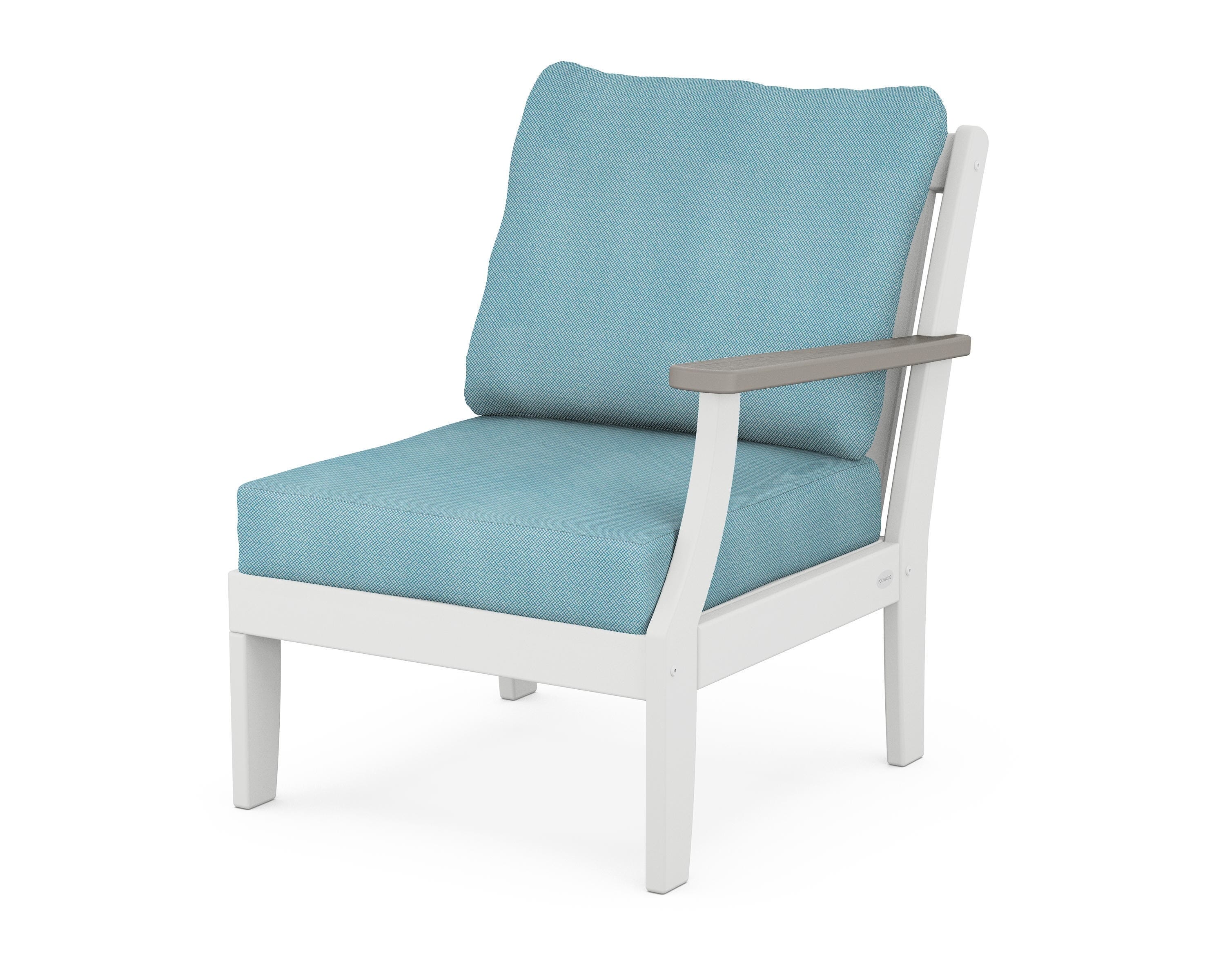 POLYWOOD® Braxton Modular Right Arm Chair in White / Driftwood / Lattice Sky Blue