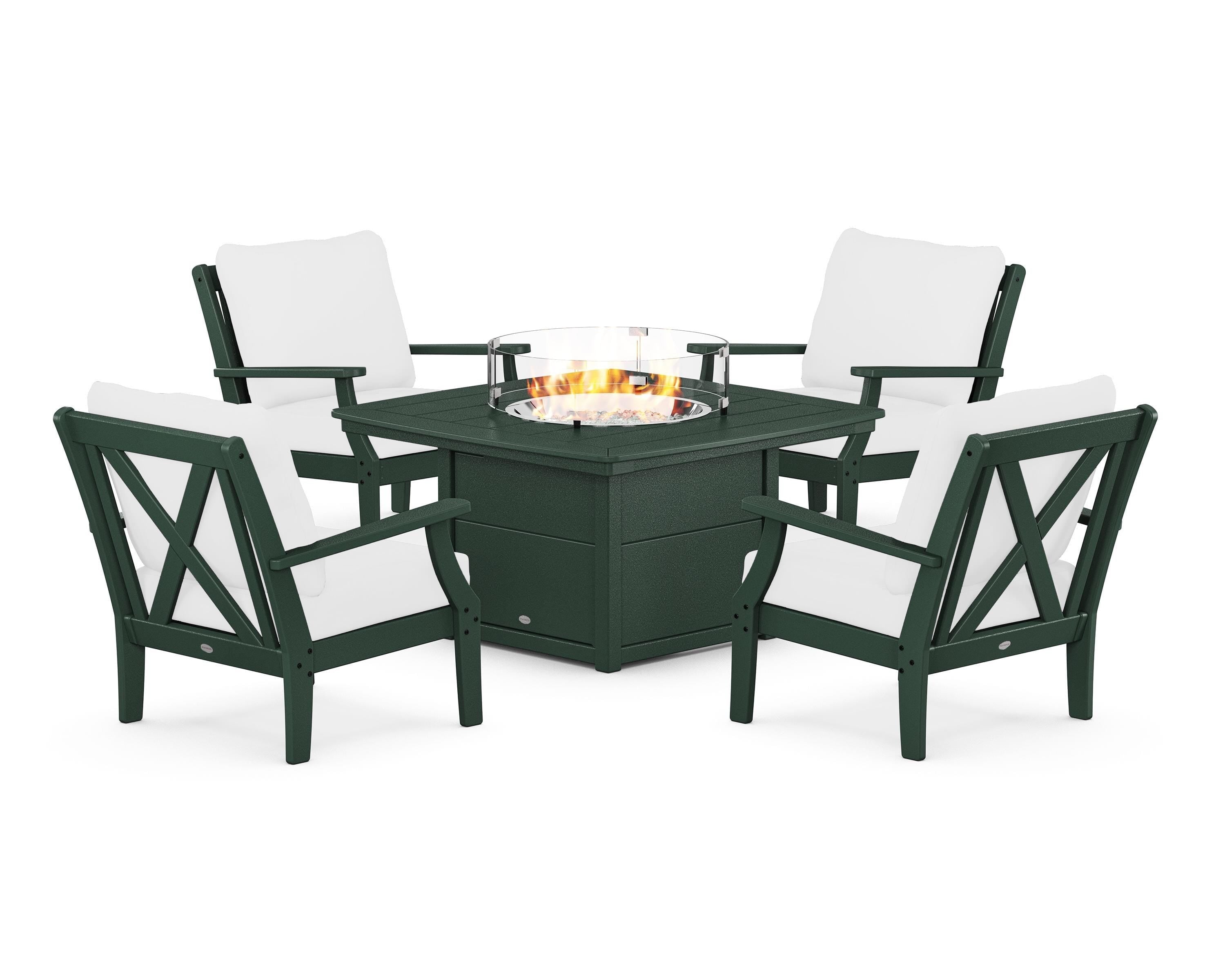 POLYWOOD® Braxton 5-Piece Deep Seating Conversation Set with Fire Pit Table in Green / Natural