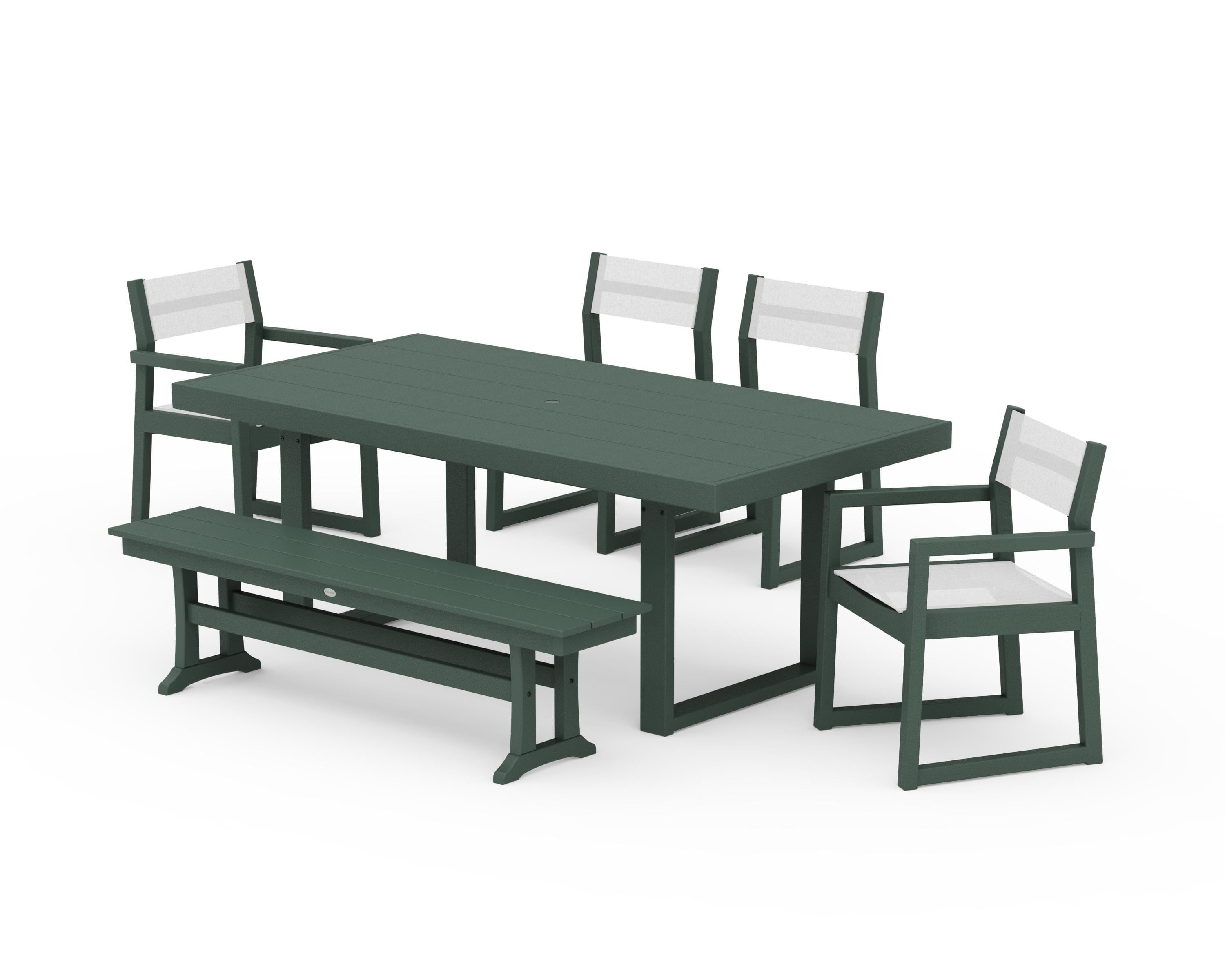 POLYWOOD® EDGE Sling 6-Piece Dining Set with Bench in Green / White Sling