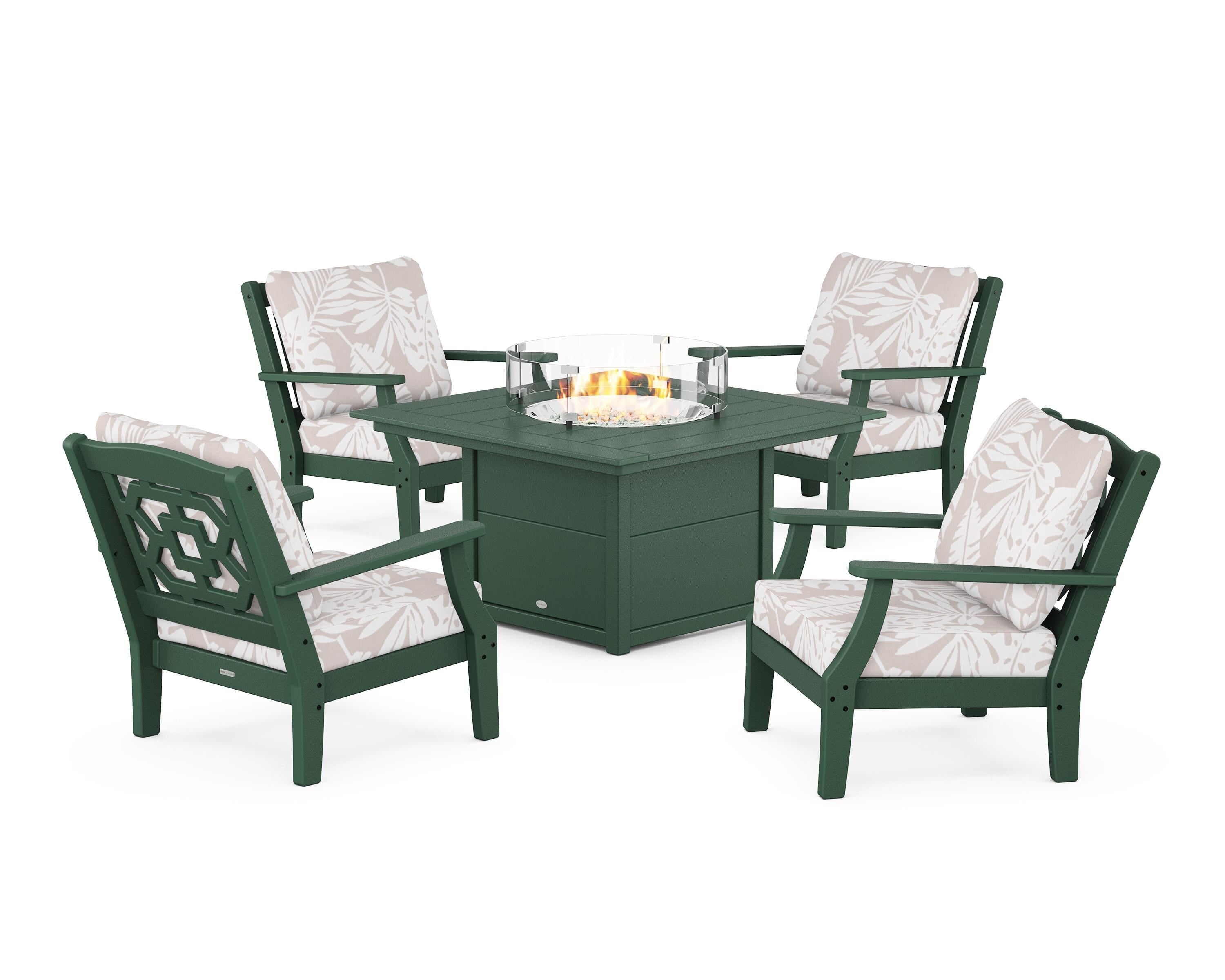 Martha Stewart by POLYWOOD® Chinoiserie 5-Piece Deep Seating Set with Fire Pit Table in Green / Leaf Dune Burlap