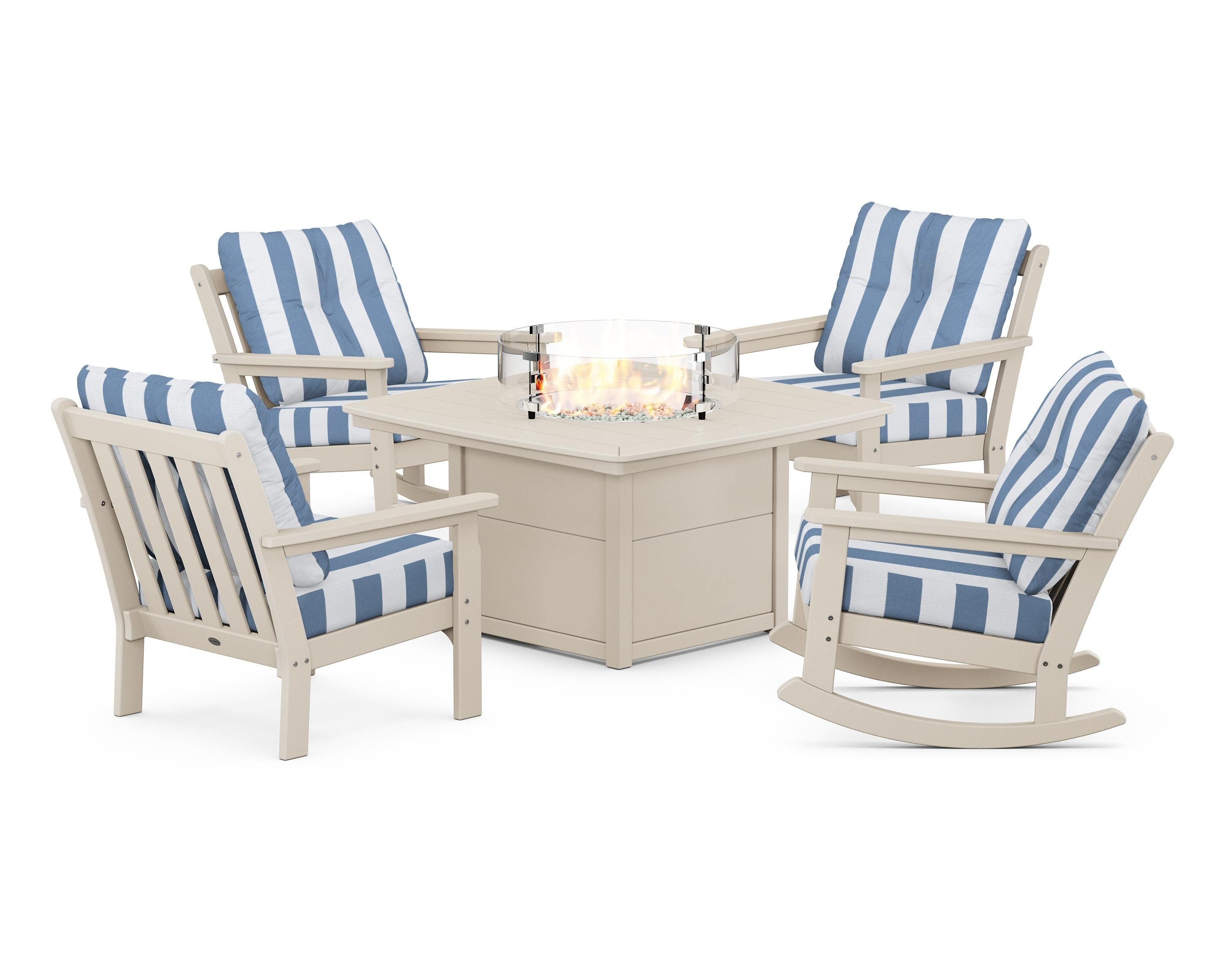POLYWOOD® Vineyard 5-Piece Deep Seating Rocking Chair Conversation Set with Fire Pit Table in Sand / Cabana Stripe Sky Blue