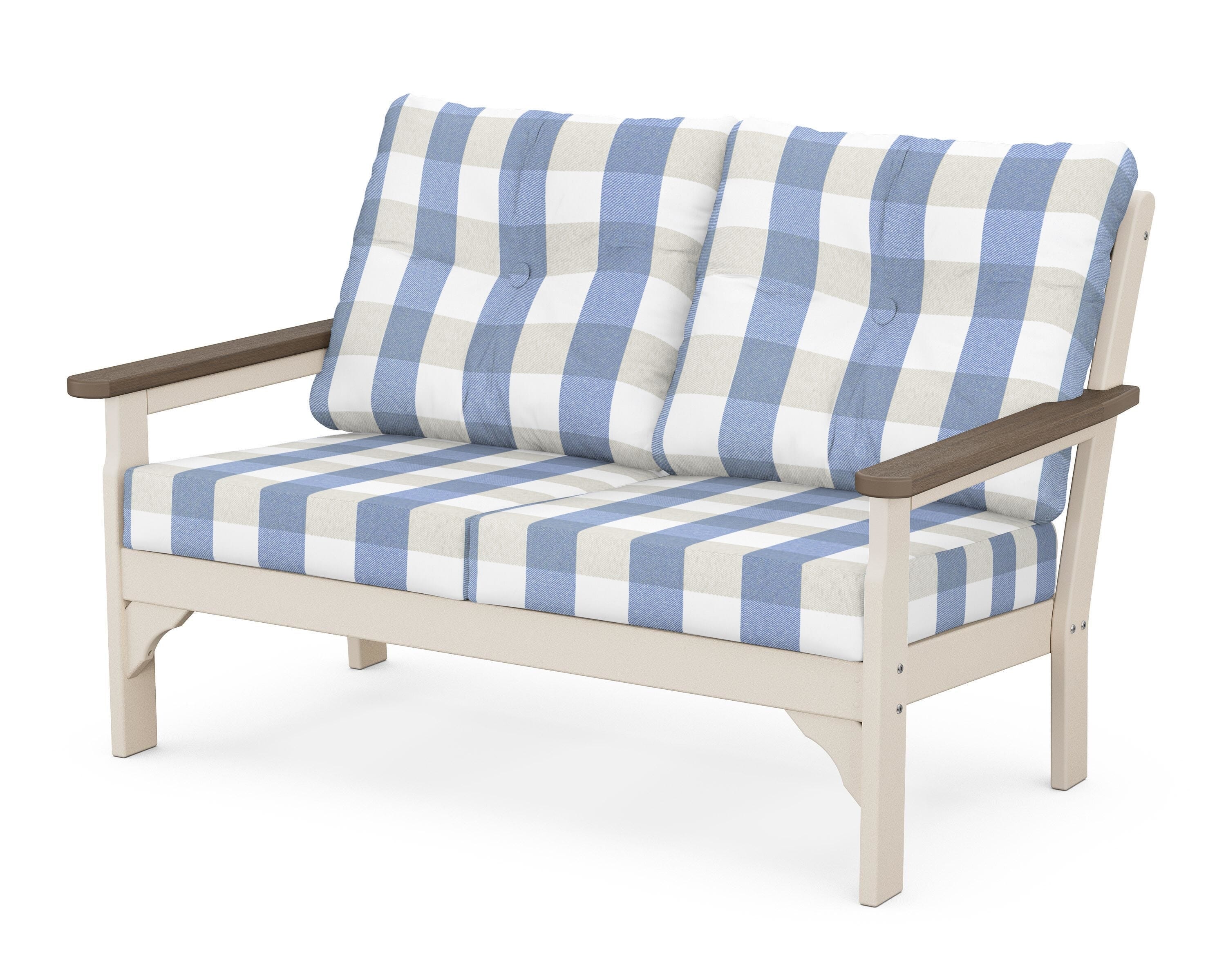 POLYWOOD® Vineyard Deep Seating Loveseat in Sand / Kona / Buffalo Plaid Sky Blue