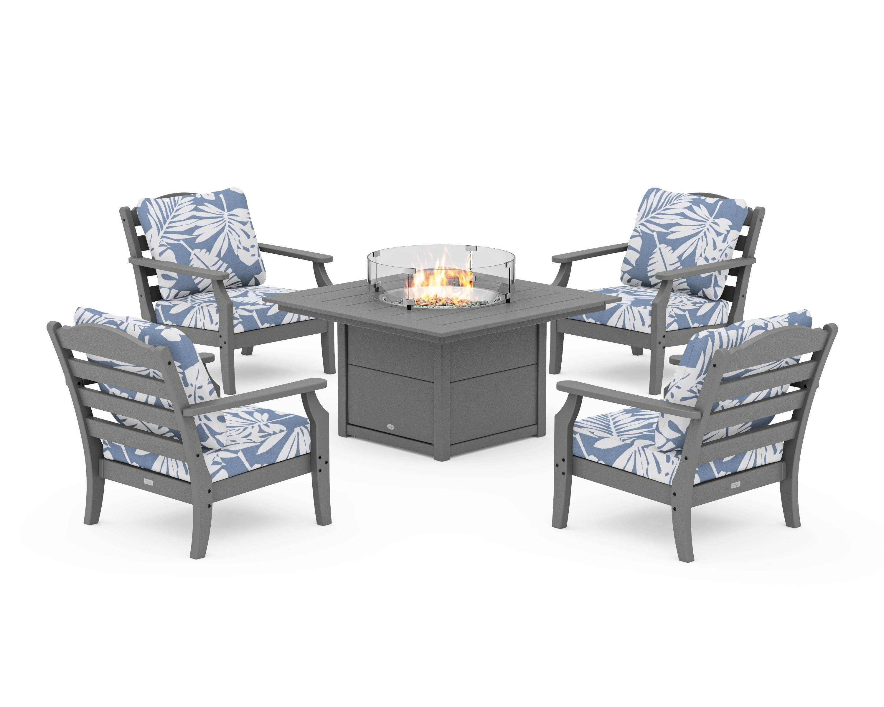 Draper James™ by POLYWOOD® Savannah 5-Piece Deep Seating Set with Fire Pit Table in Slate Grey / Leaf Sky Blue
