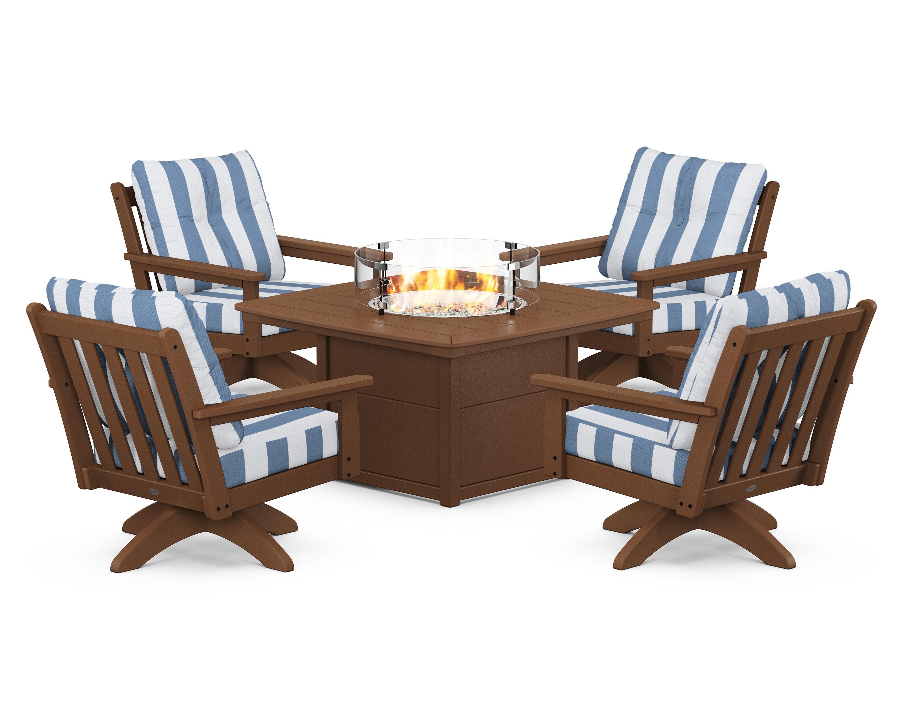 POLYWOOD® Vineyard 5-Piece Deep Seating Swivel Conversation Set with Fire Pit Table in Teak / Cabana Stripe Sky Blue
