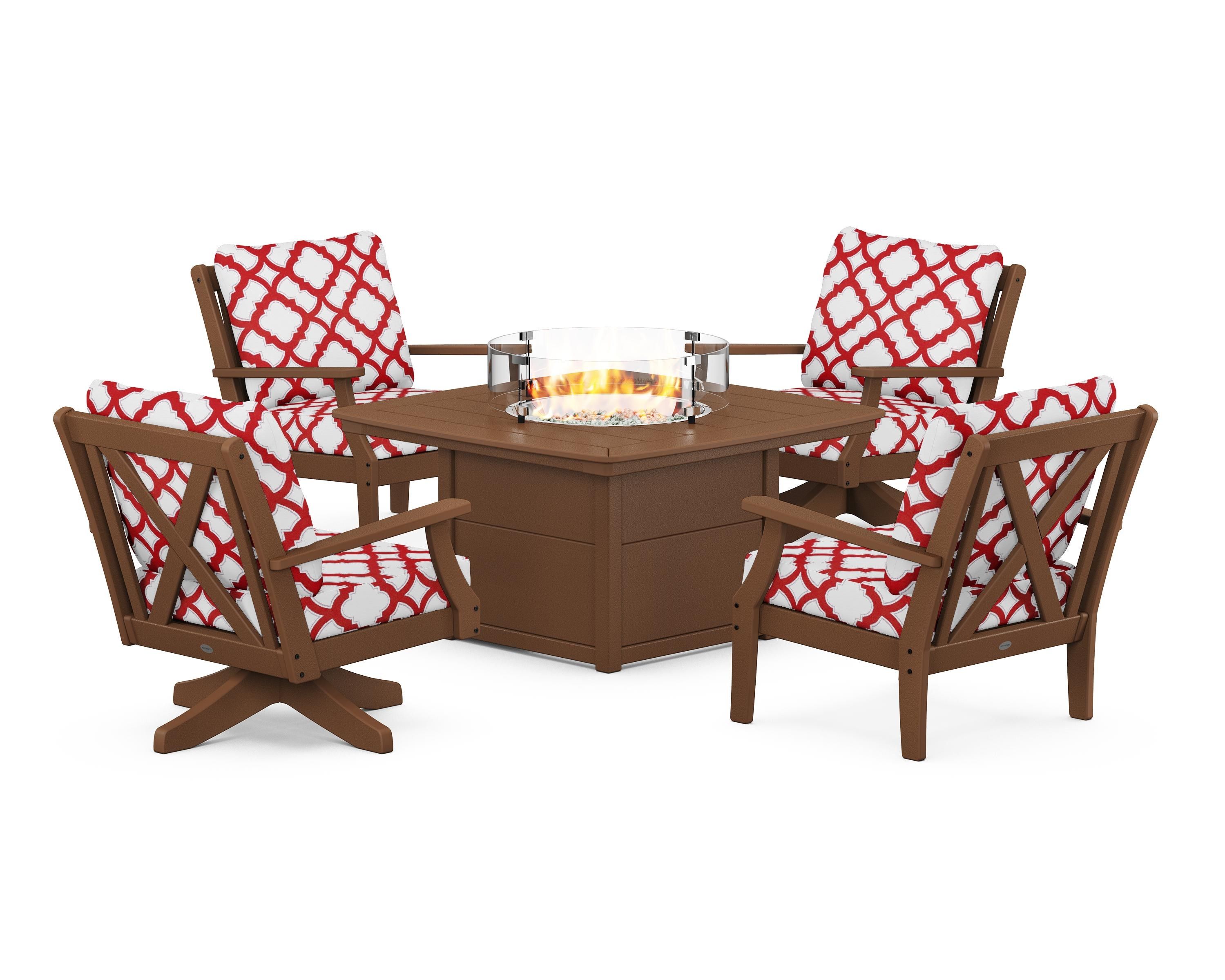 POLYWOOD® Braxton 5-Piece Deep Seating Set with Fire Table in Teak / Trellis Crimson