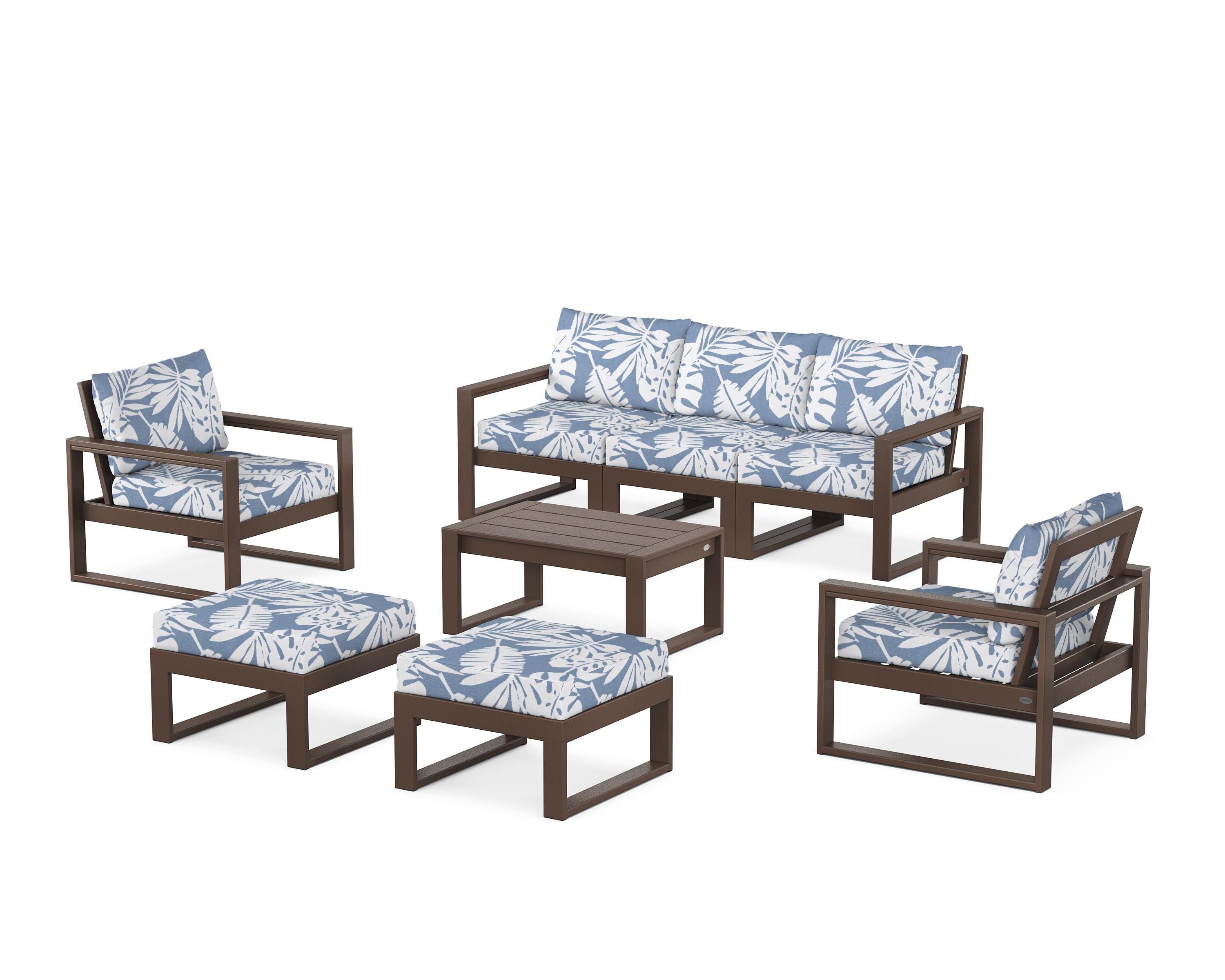 POLYWOOD® EDGE Sectional 8-Piece Lounge Sofa Set in Mahogany / Leaf Sky Blue