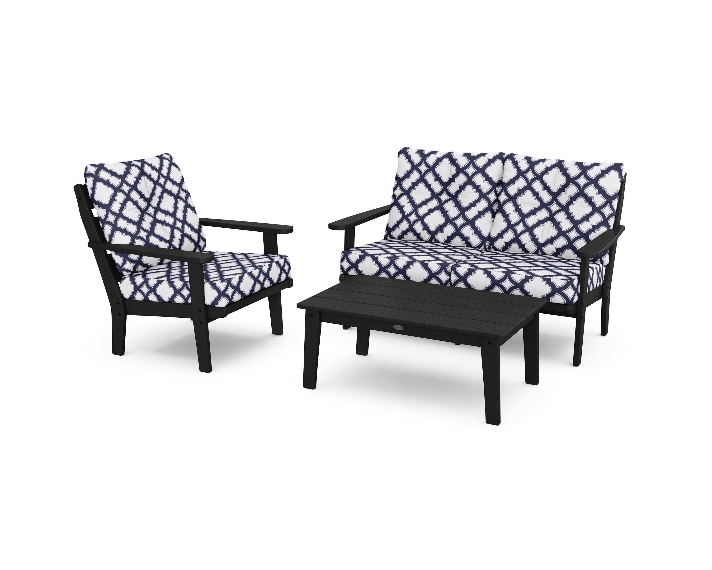 POLYWOOD® Lakeside 3-Piece Deep Seating Set in Black / Trellis Navy
