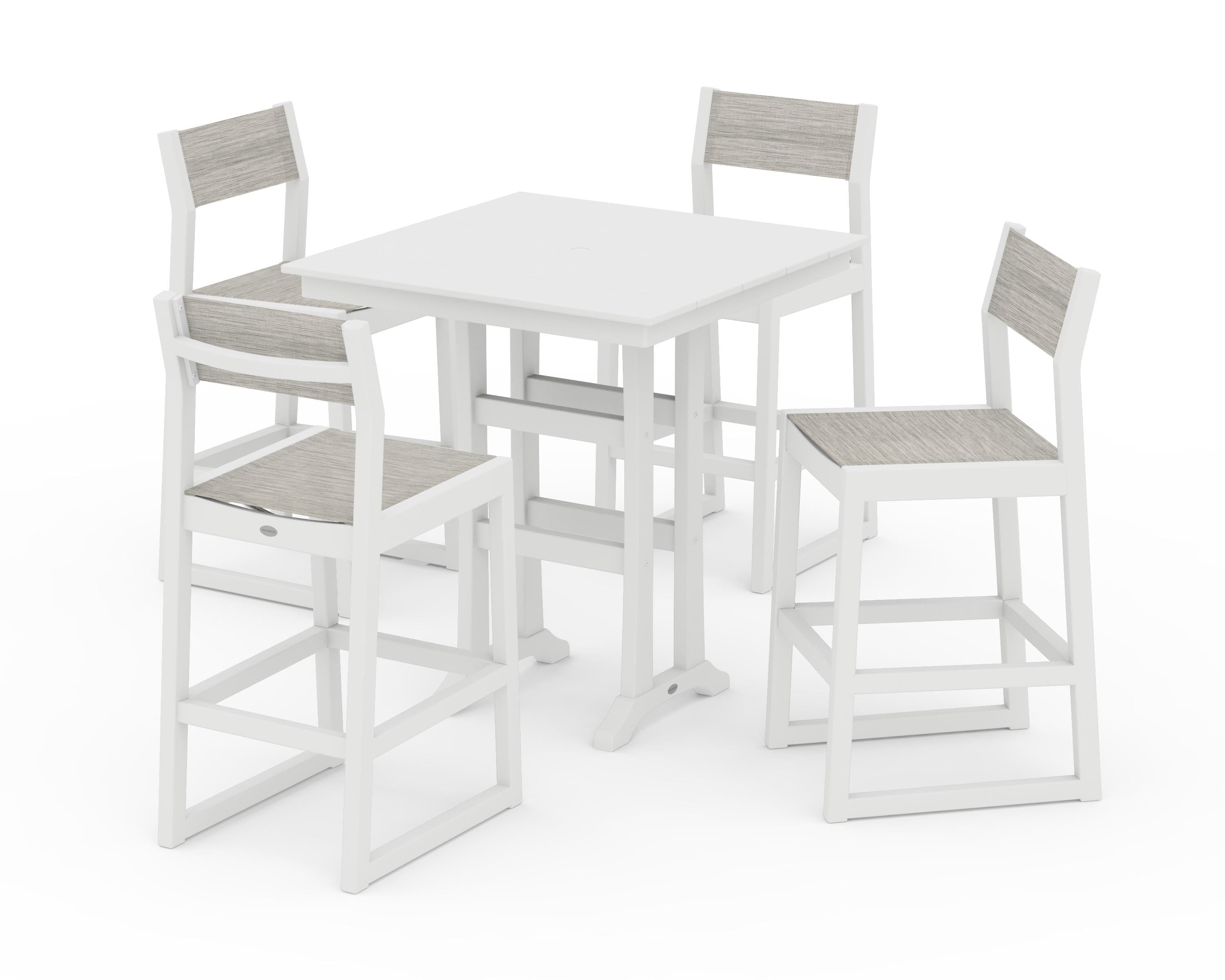 POLYWOOD® EDGE Sling Arm Chair 5-Piece Farmhouse Bar Set with Trestle Legs in White / Birch Sling