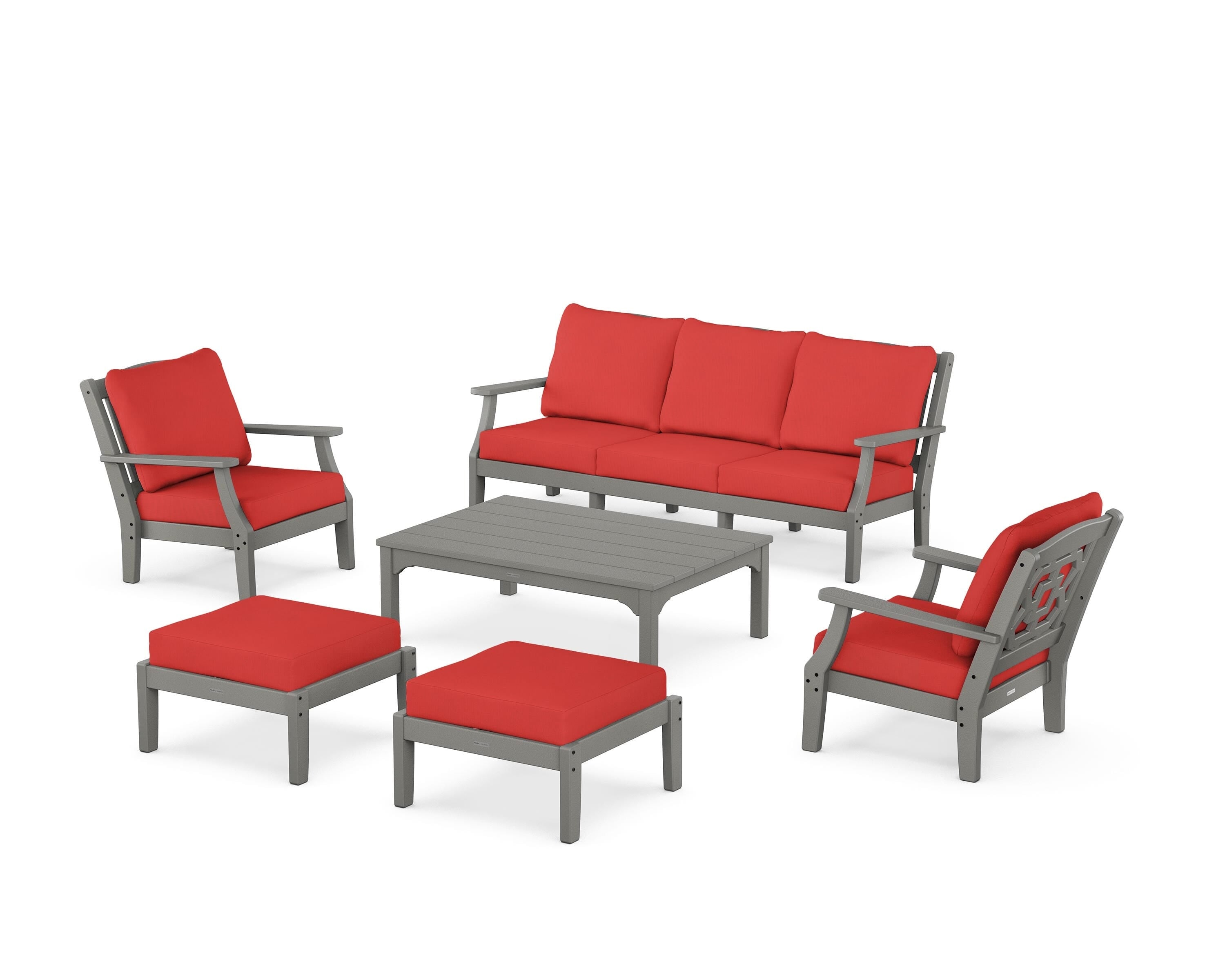 Martha Stewart by POLYWOOD® Chinoiserie 6-Piece Lounge Sofa Set in Slate Grey / Crimson Linen