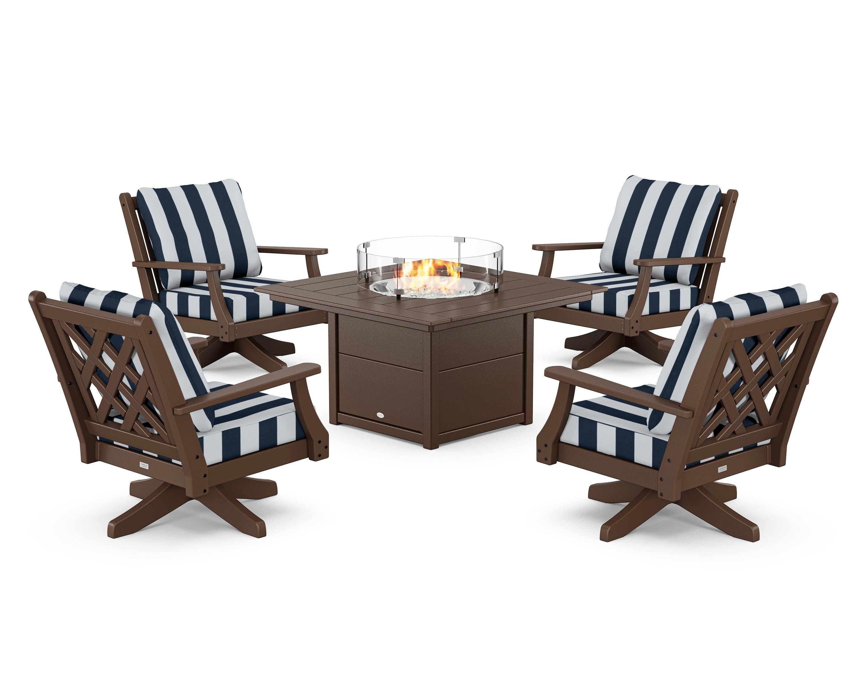 Country Living Wovendale 5-Piece Deep Seating Swivel Conversation Set with Fire Pit Table in Mahogany / Cabana Stripe Marine Indigo
