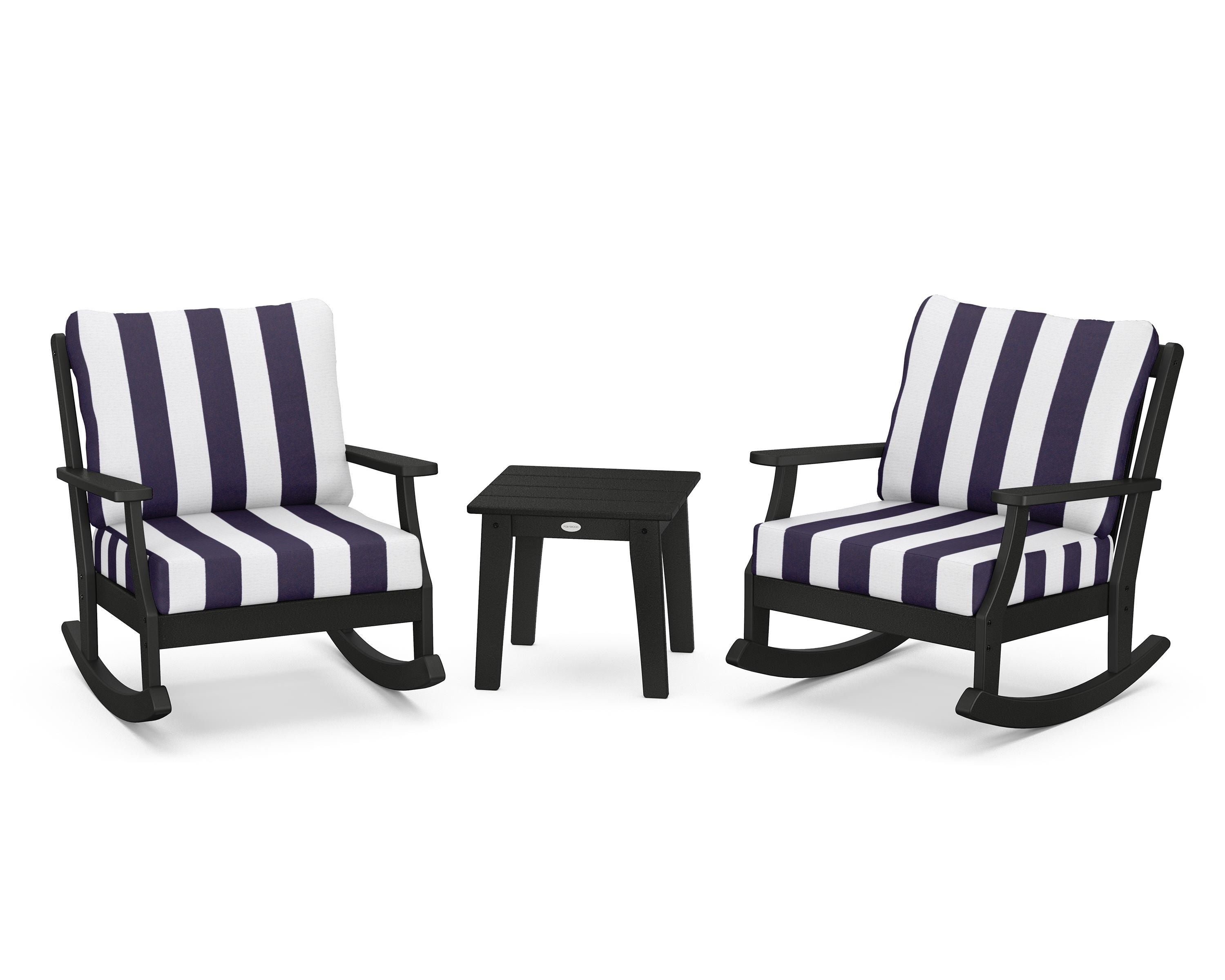 POLYWOOD® Braxton 3-Piece Deep Seating Rocker Set in Black / Cabana Stripe Navy