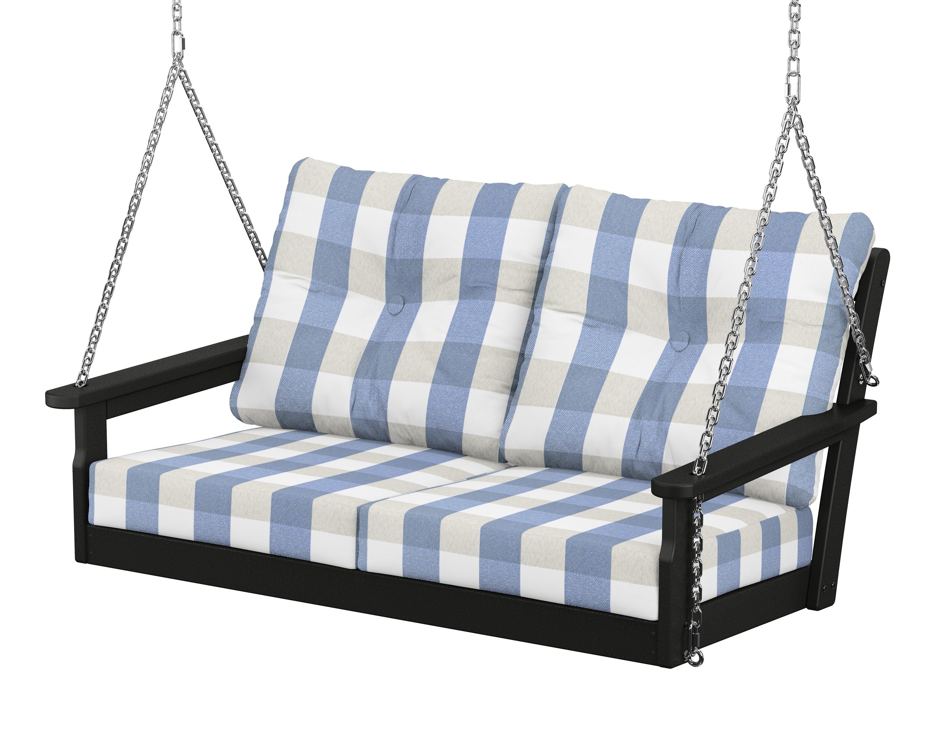 POLYWOOD® Vineyard Deep Seating Swing in Black / Buffalo Plaid Sky Blue