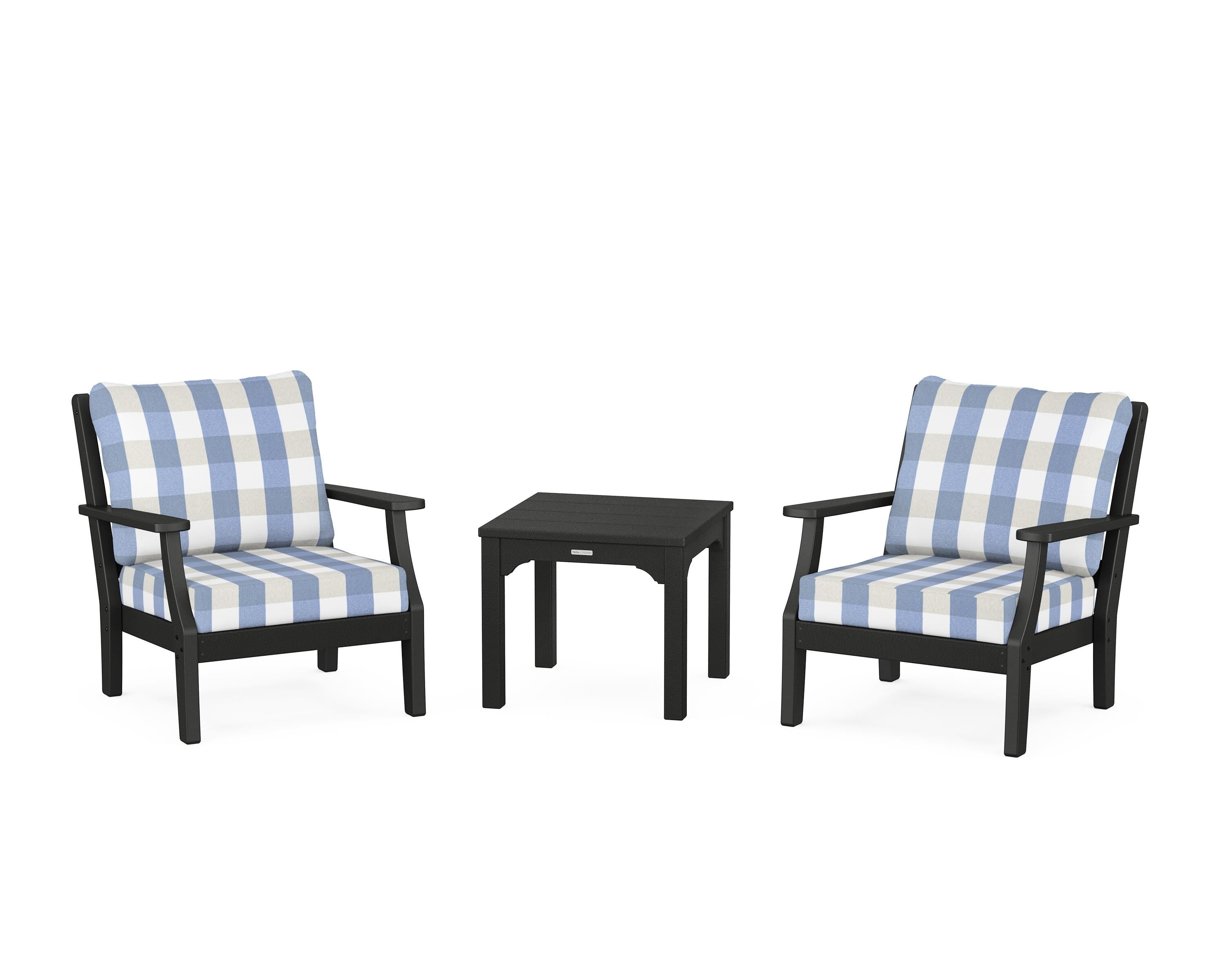 Martha Stewart by POLYWOOD® Chinoiserie 3-Piece Deep Seating Set in Black / Buffalo Plaid Sky Blue