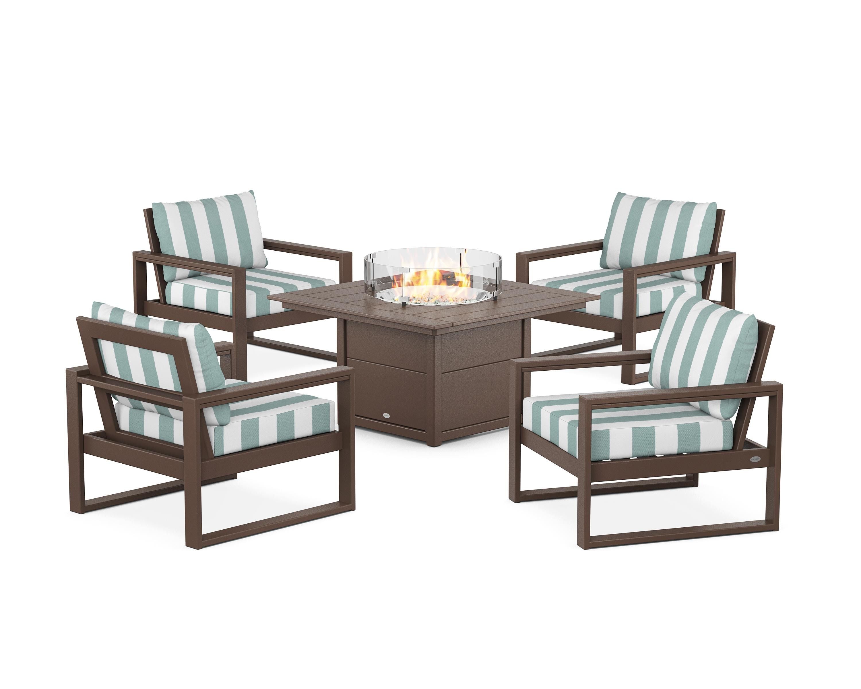 POLYWOOD® EDGE Sectional 5-Piece Deep Seating Set with Fire Pit Table in Mahogany / Cabana Stripe Glacier Spa