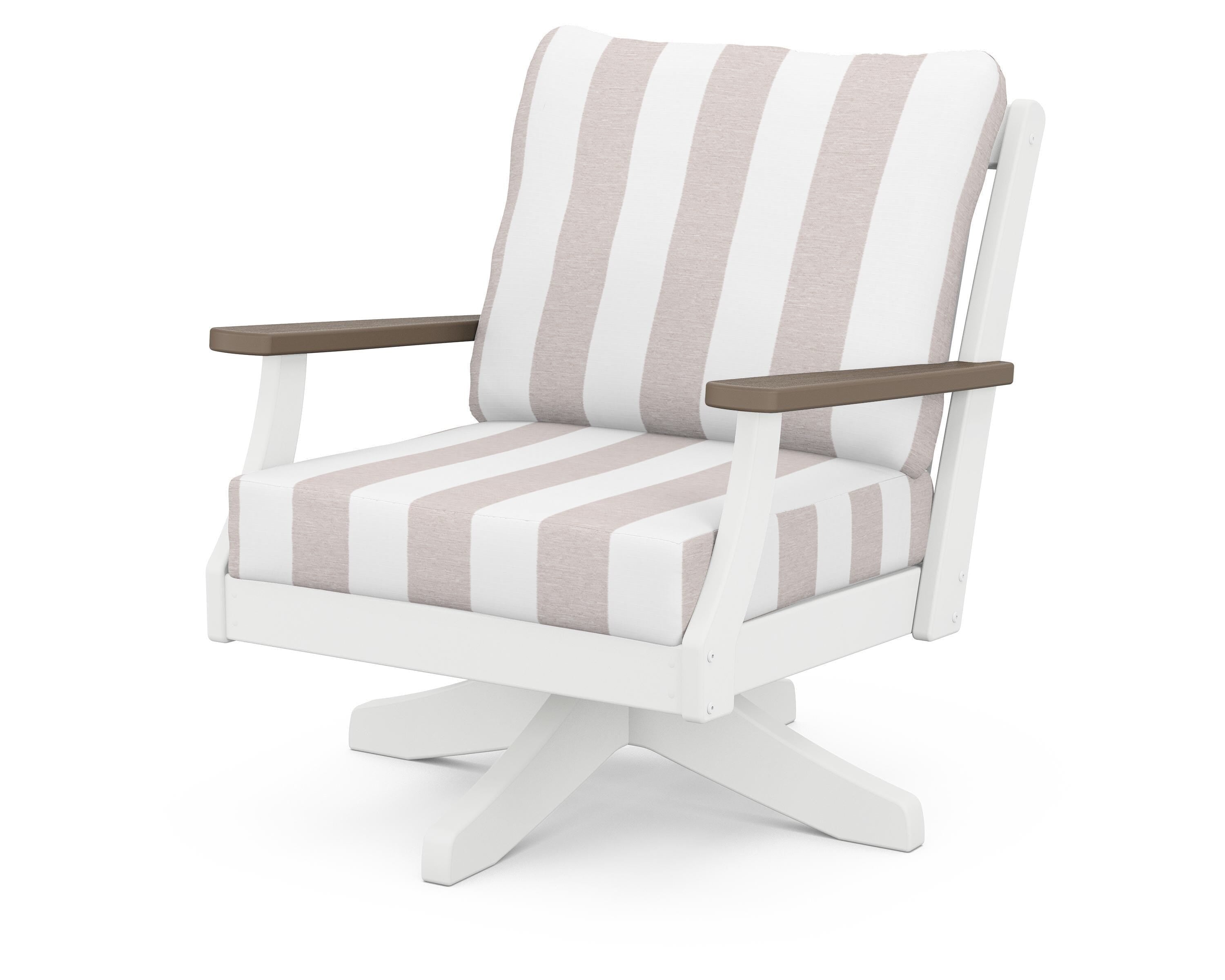 POLYWOOD® Braxton Deep Seating Swivel Chair in White / Kona / Cabana Stripe Dune Burlap